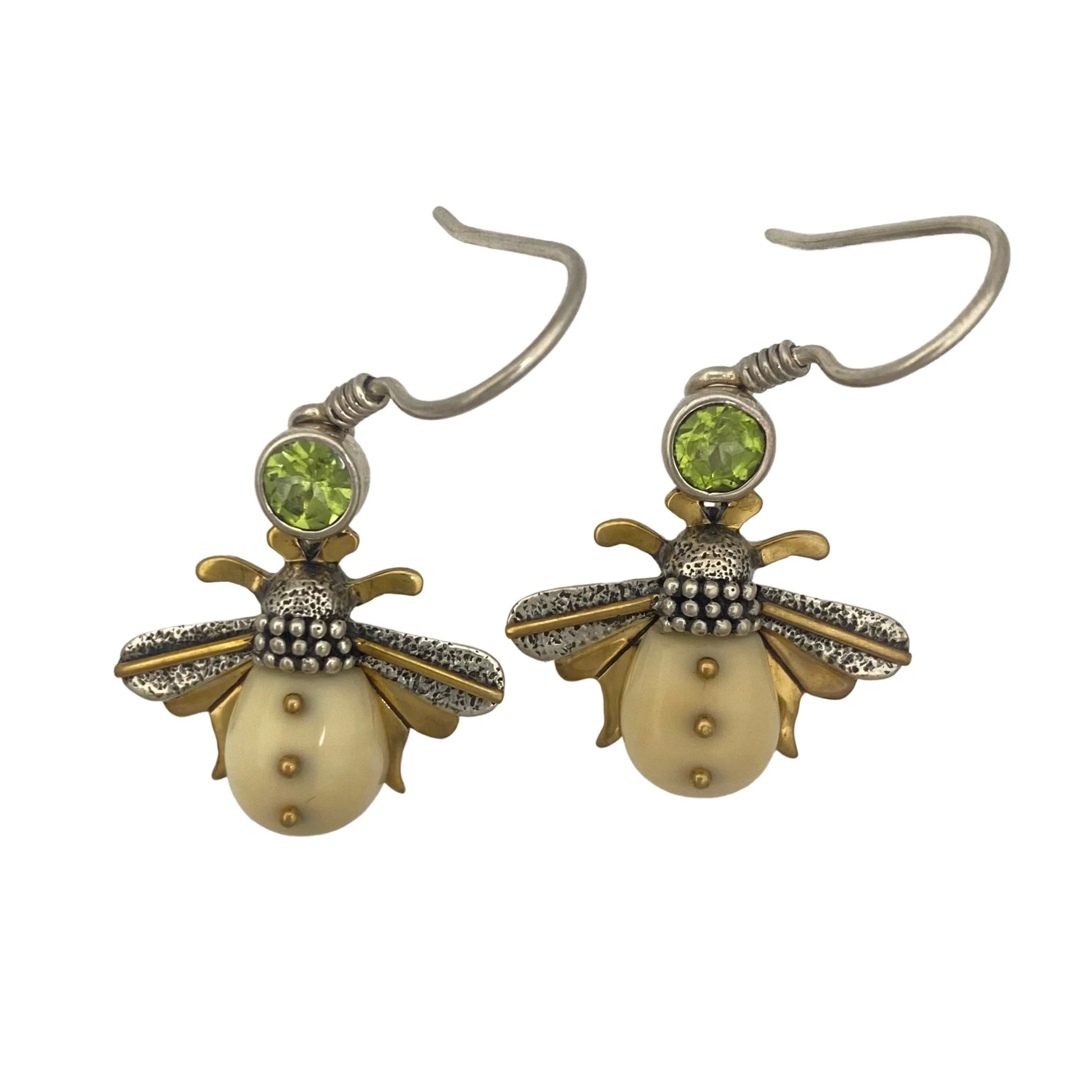 Jenny Bryne .925 Fossil Ivory Bee Earrings with Peridot
