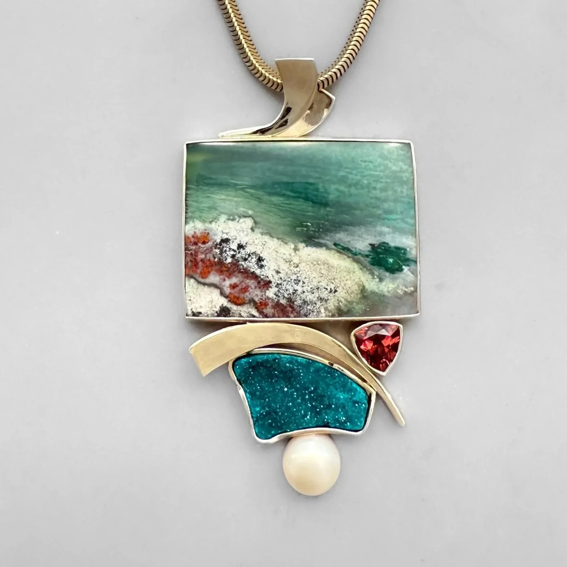 14kt Indonesian Opalized Scenic Wood, Dioptase drusy, Rhodolite Garnet & FW Pearl Pendant