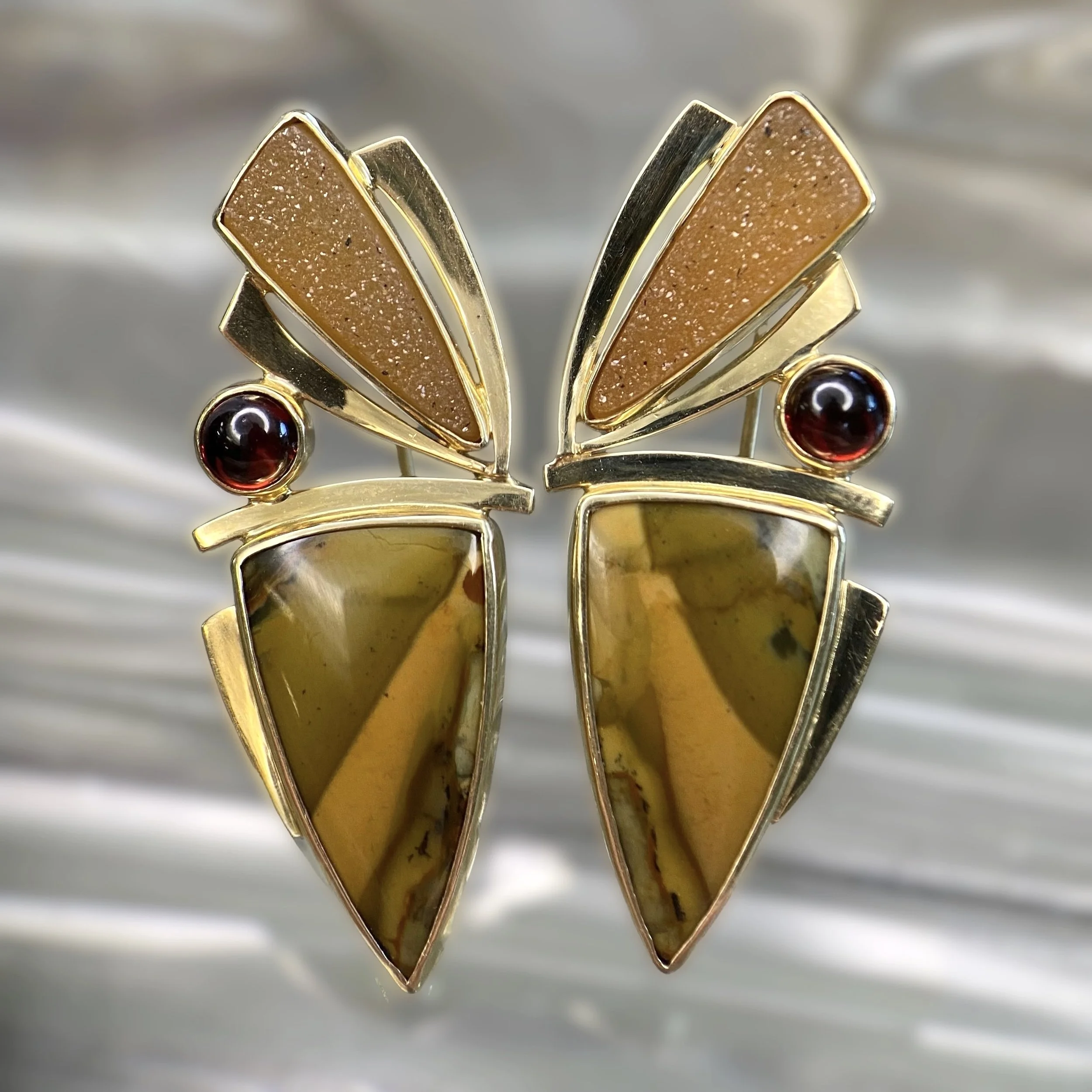 Jan Daggett 14k Morrisonite, Garnet and Gold Drusy Earrings