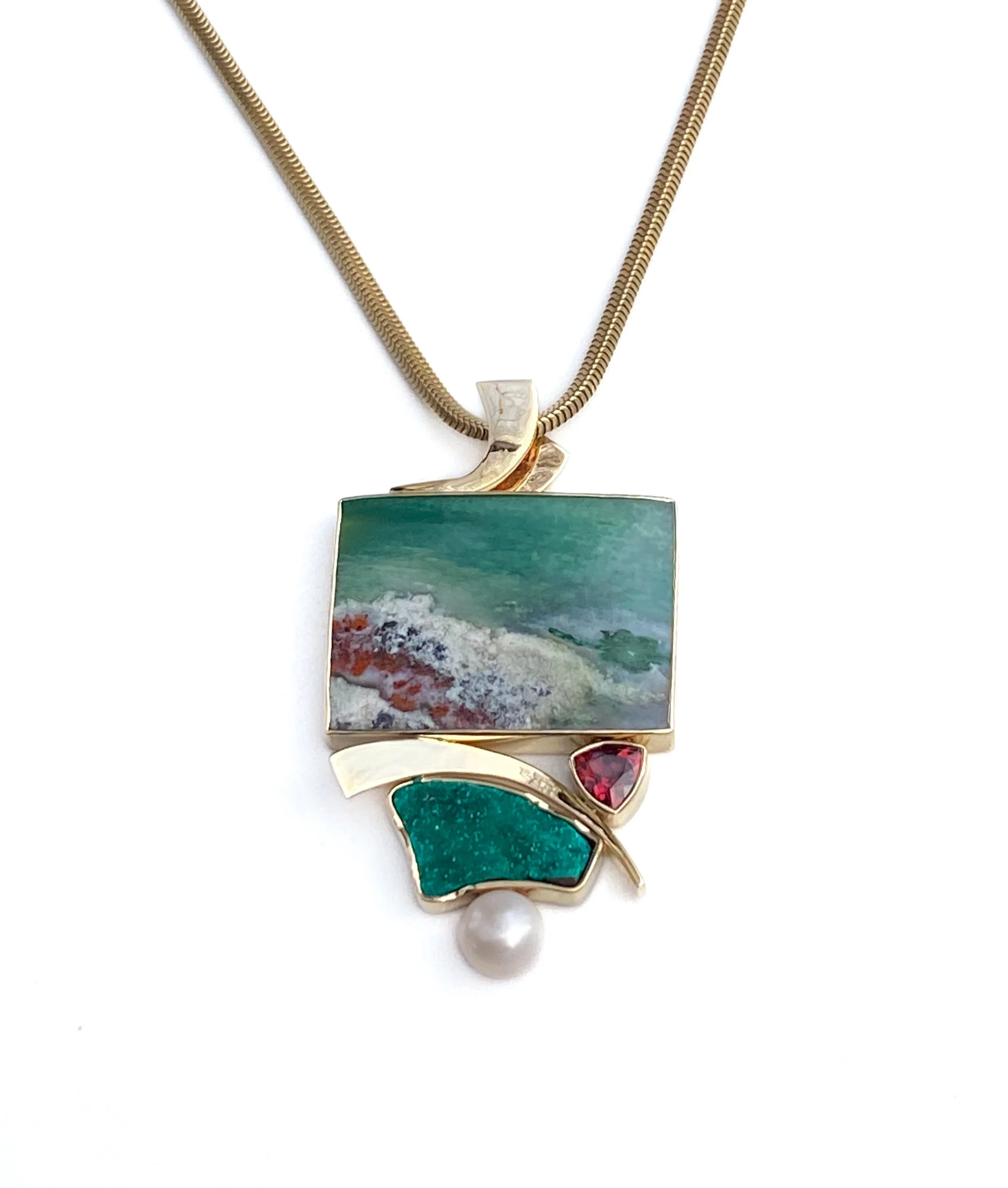 14kt Indonesian Opalized Wood, Dioptase Drusy, Rhodolite Garnet and Freshwater Pearl Pendant