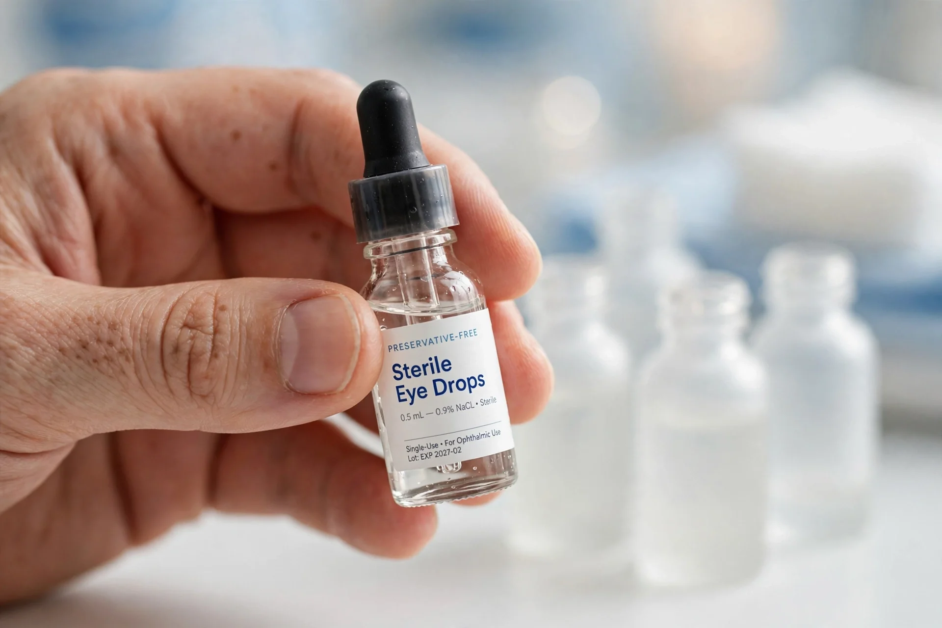 Hand holding a small clear serum eye drop bottle