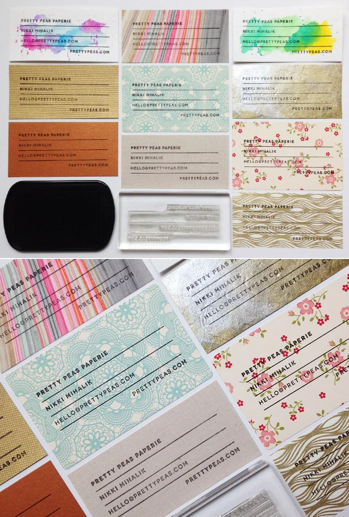 DIY Stamped Business Cards on a variety of papers