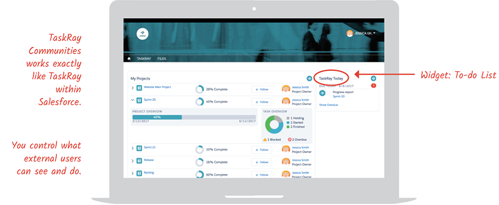TaskRay Communities works exactly like TaskRay within Salesforce.