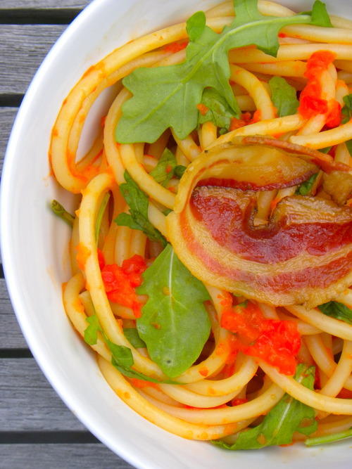 Pasta with Bell Pepper Sauce, Pancetta & Arugula