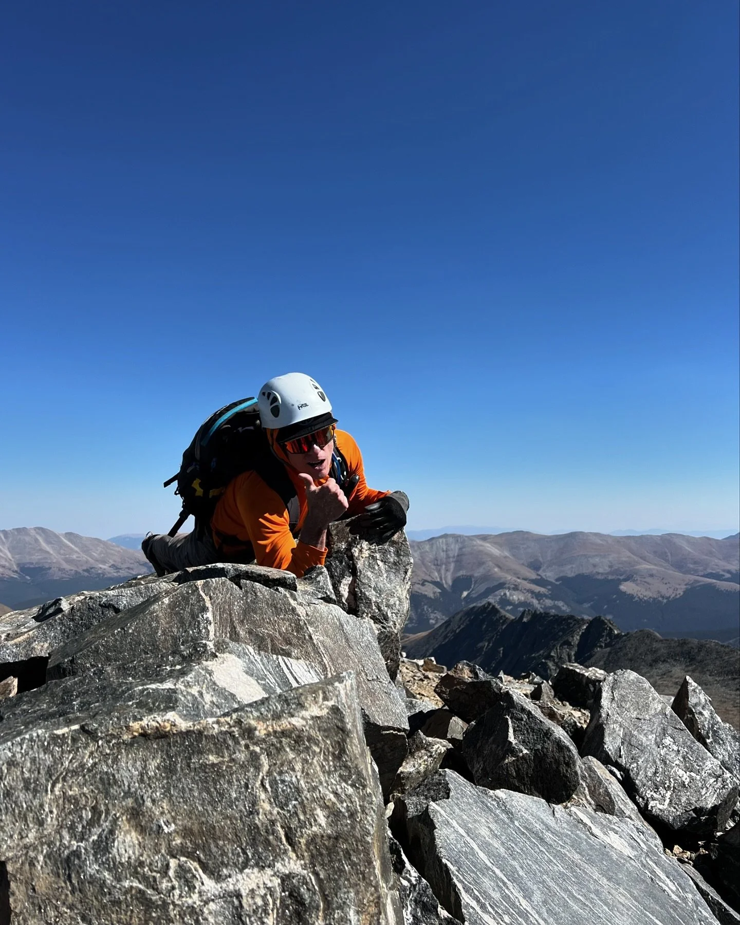 Pacific Peak 13,965&rsquo; via the Class 3 west ridge from Mayflower Gulch. Previously have done the northeast face. Sleep deprivation hit me on the way up, so I took a 2 minute rock pile nap on the summit. Didn&rsquo;t have the mojo today. Just low 