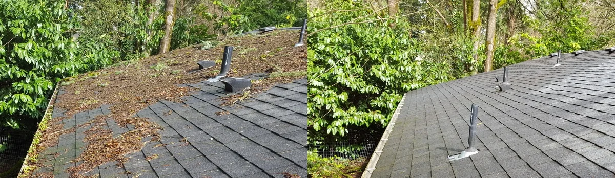 Before and after. Gutters that were previously filled with leaves are now clean, allowing proper roof drainage.