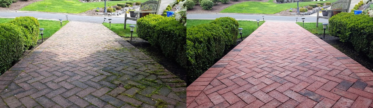Before and after. This slippery, dirty brick sidewalk is now perfectly clean, restoring beauty to the entrance of the home.