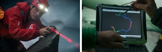 Underground rescue leader and cave surveyor John Punches (left) uses a laser disto to measure cave dimensions in the East Crater Caves on Mt Rainier. Lead cave surveyor David Riggs uploads survey data to a laptop and generates maps (right) while onsite during the Rainier expedition. (Above photos by FX DeRuydts)