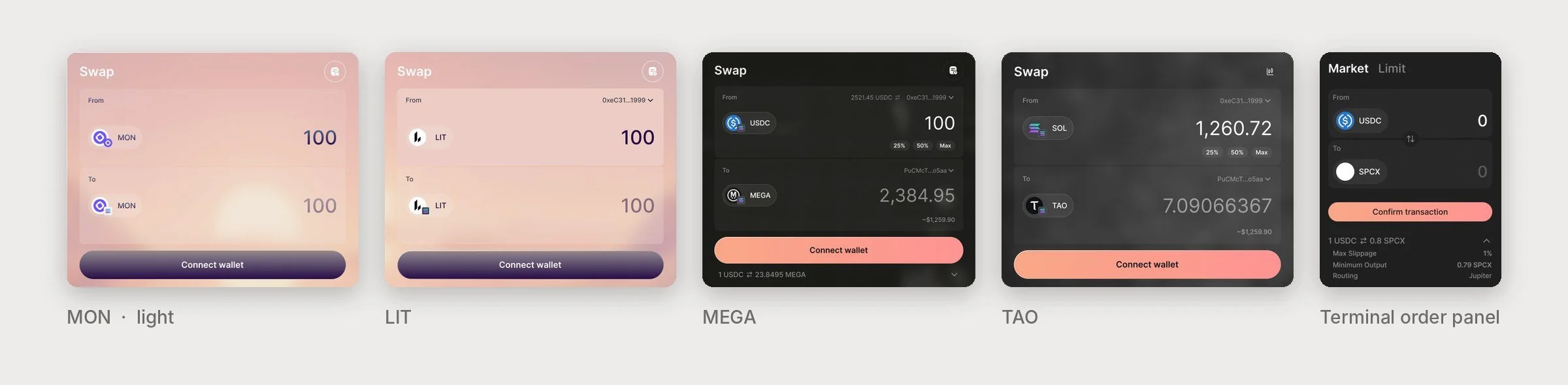 The same Sunrise swap card shown five ways: MON in light theme, then LIT, MEGA, TAO and the terminal order panel