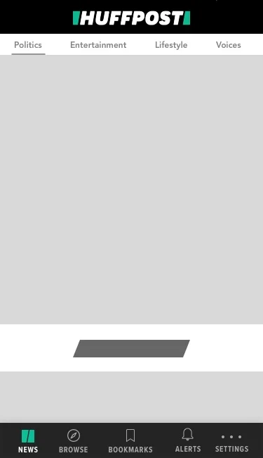 A horizontal swiping topic menu below the header is standard in many news apps. I explored how the HuffPost tab bar might change with this navigational menu across the top of the main News screen.