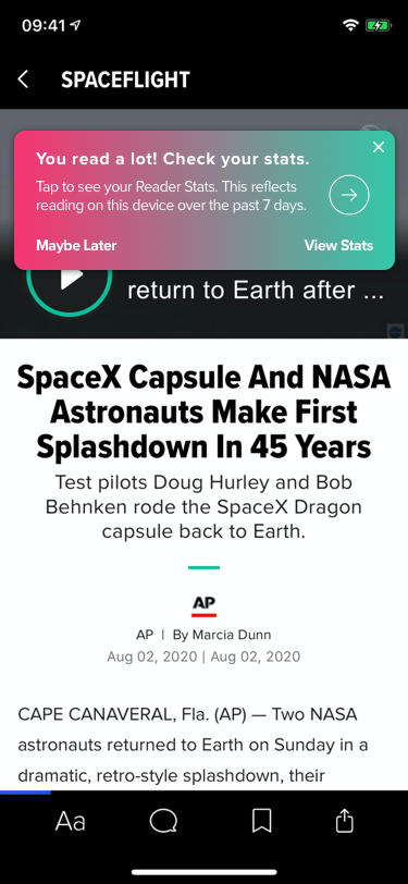 Visual design of the in-app notification that takes the reader to view their Stats