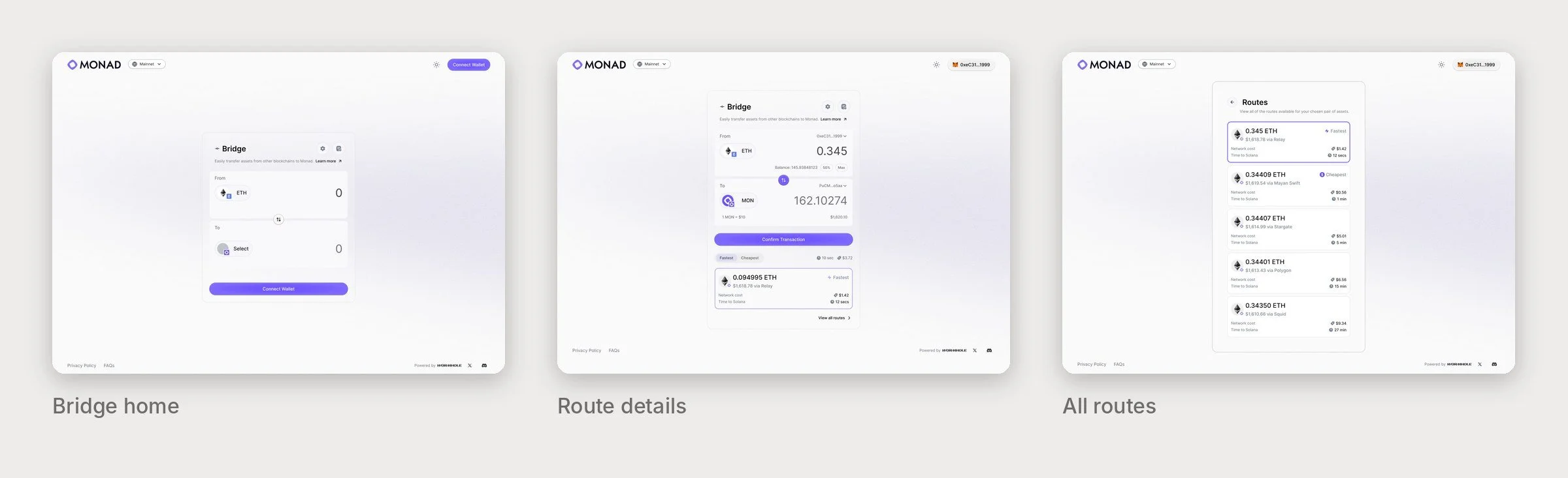Three screens from the Monad-branded MON page: bridge home, route details, and all routes compared by cost and time