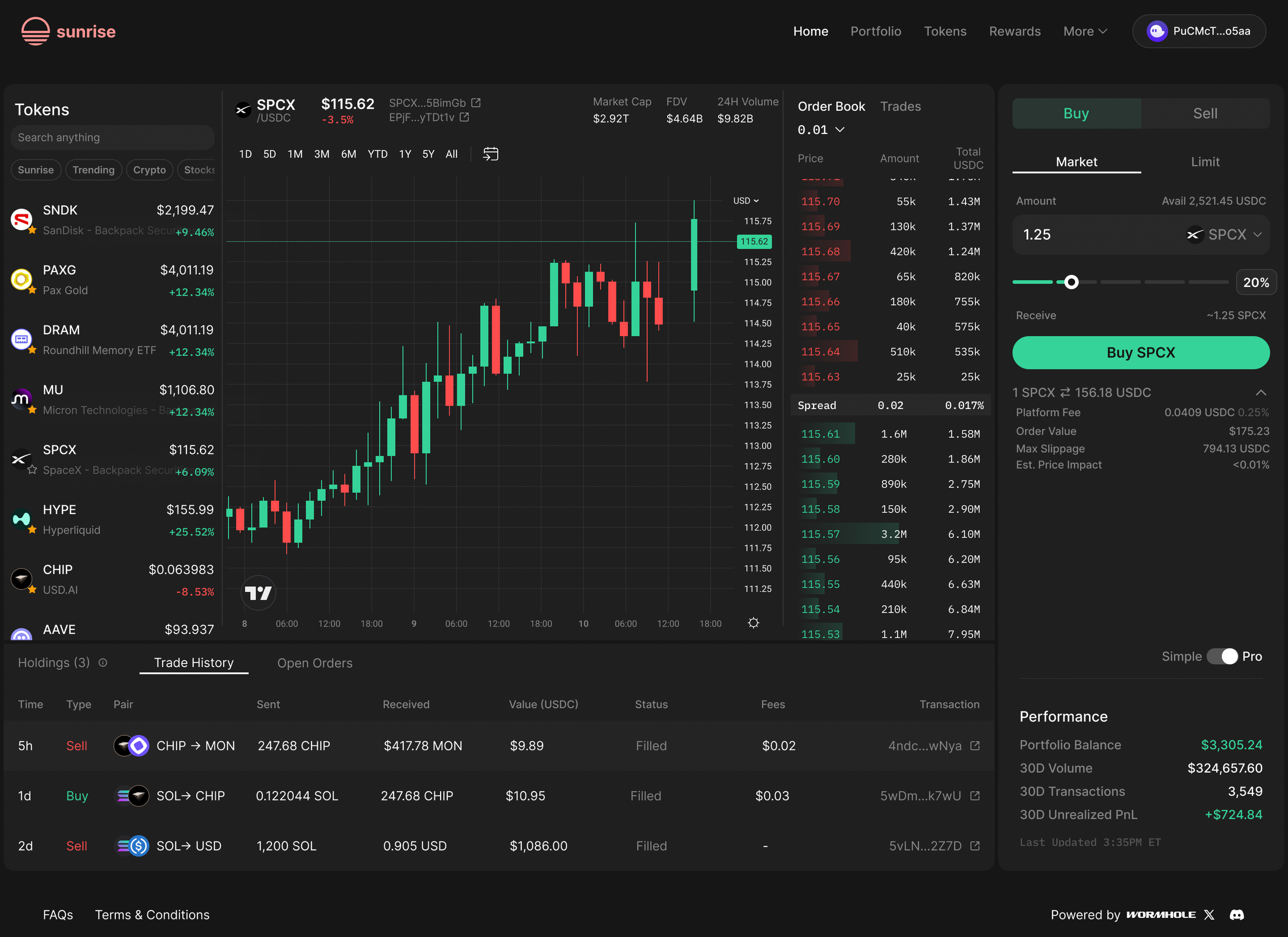 Latest Sunrise trading terminal with a pinned token sidebar of stocks and crypto, a SpaceX candlestick chart, a live order book and a Buy and Sell panel