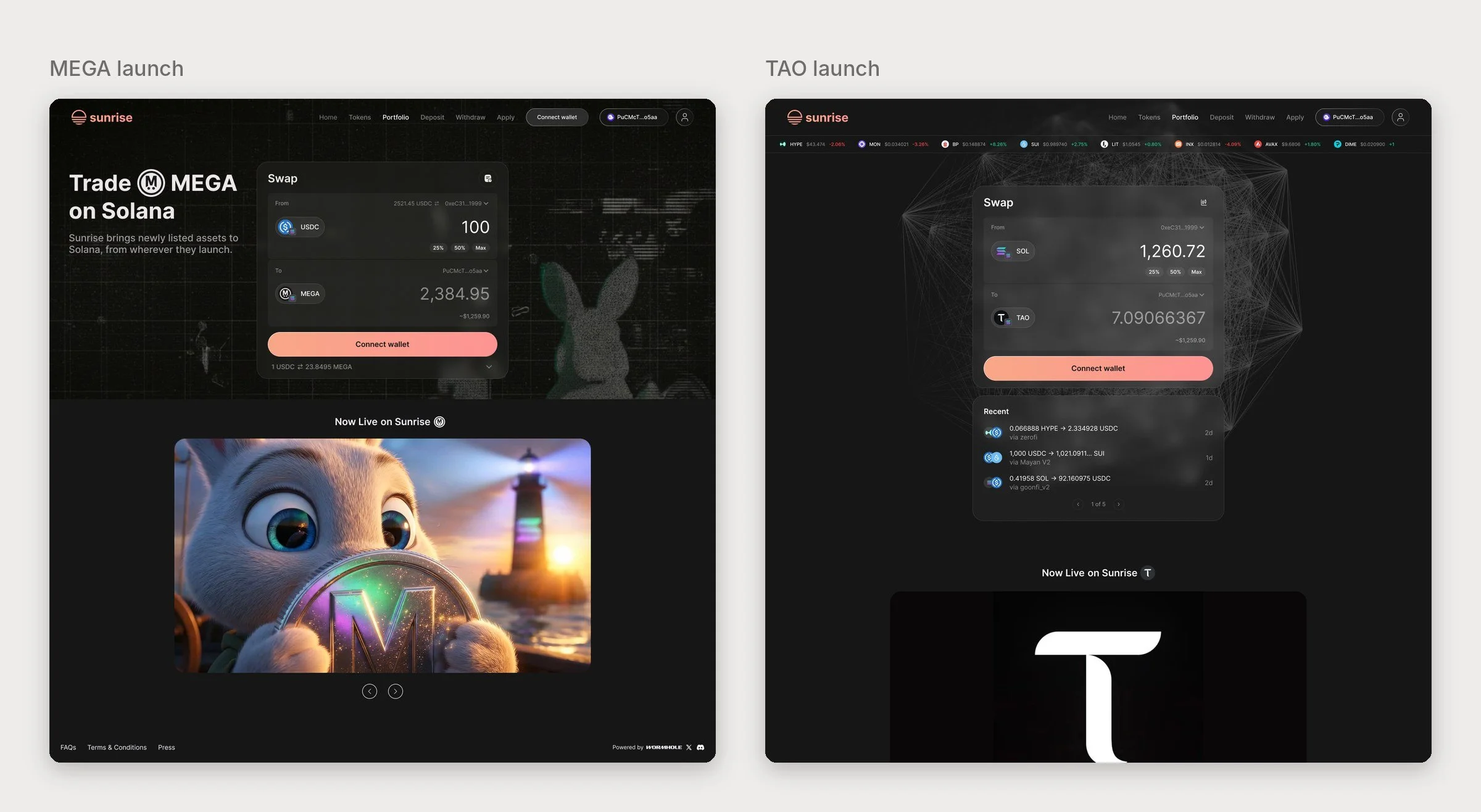 Two dark, branded Sunrise launch pages side by side: MEGA with bunny artwork and TAO with a network mesh, each with the same swap card