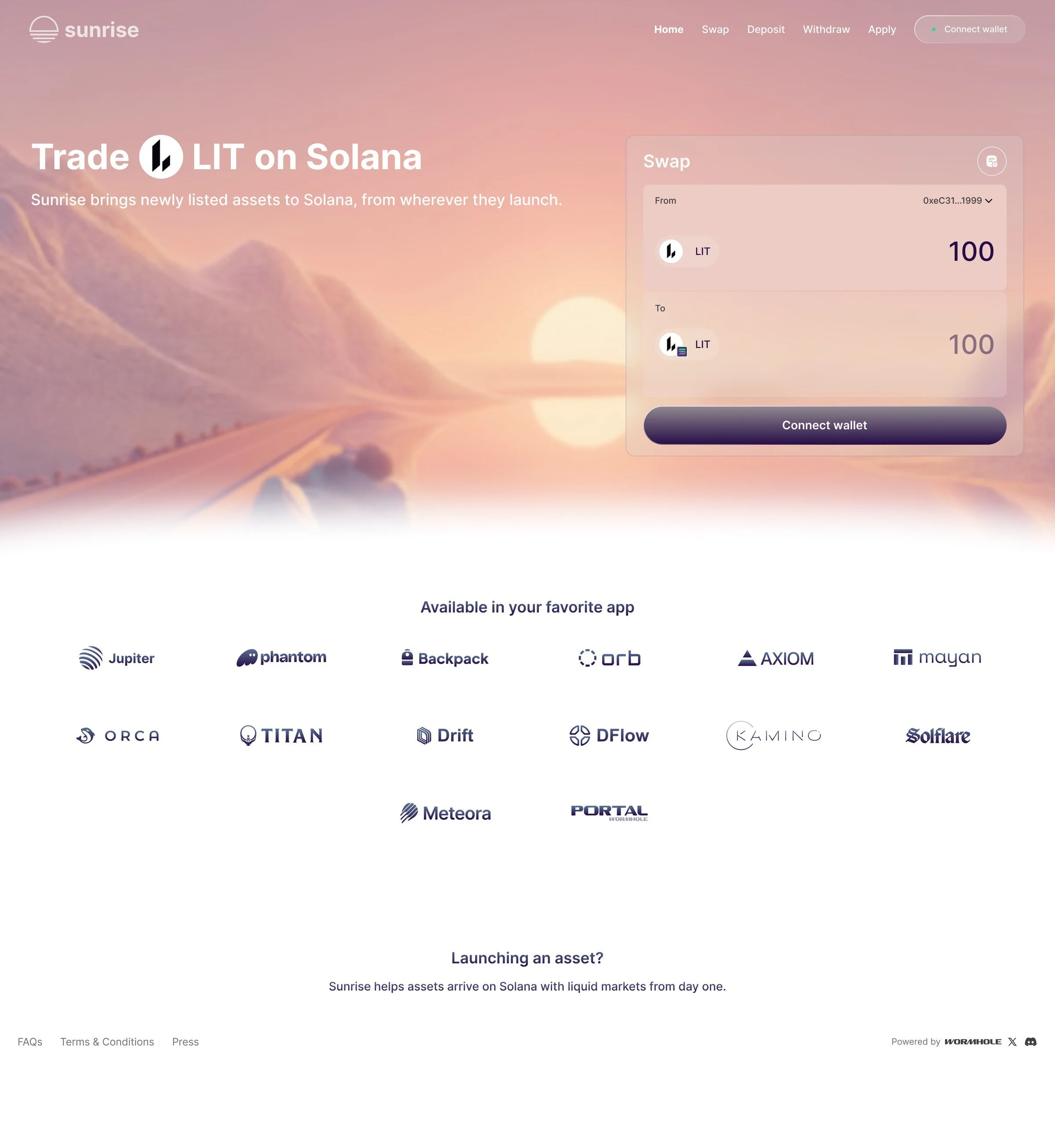 Sunrise homepage for the LIT launch: a Trade LIT on Solana headline, the swap card, and a wall of partner apps such as Jupiter, Phantom and Backpack
