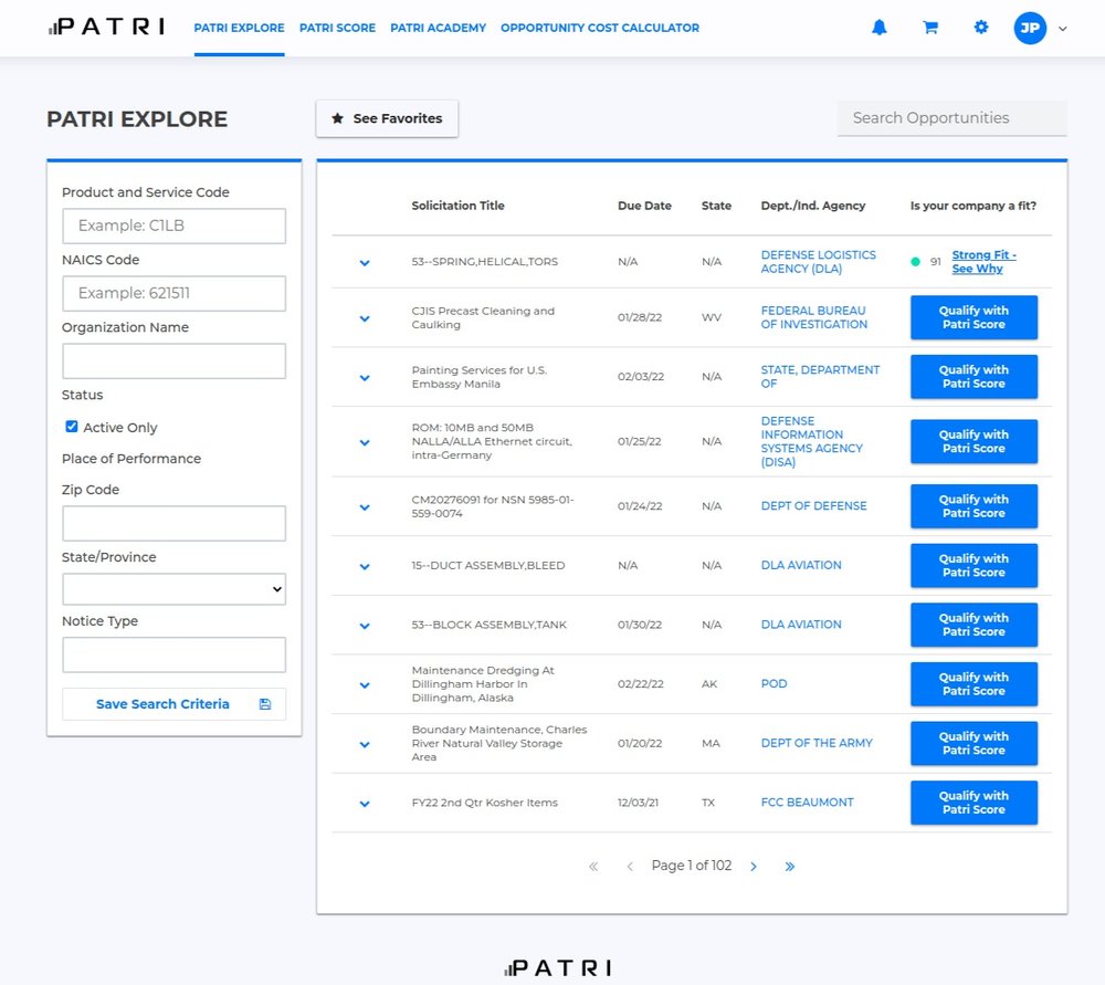 Patri Explore helps a user find government contracts