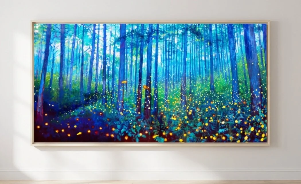 Painting of a forest with tall trees, glowing fireflies, and a vibrant, colorful background.