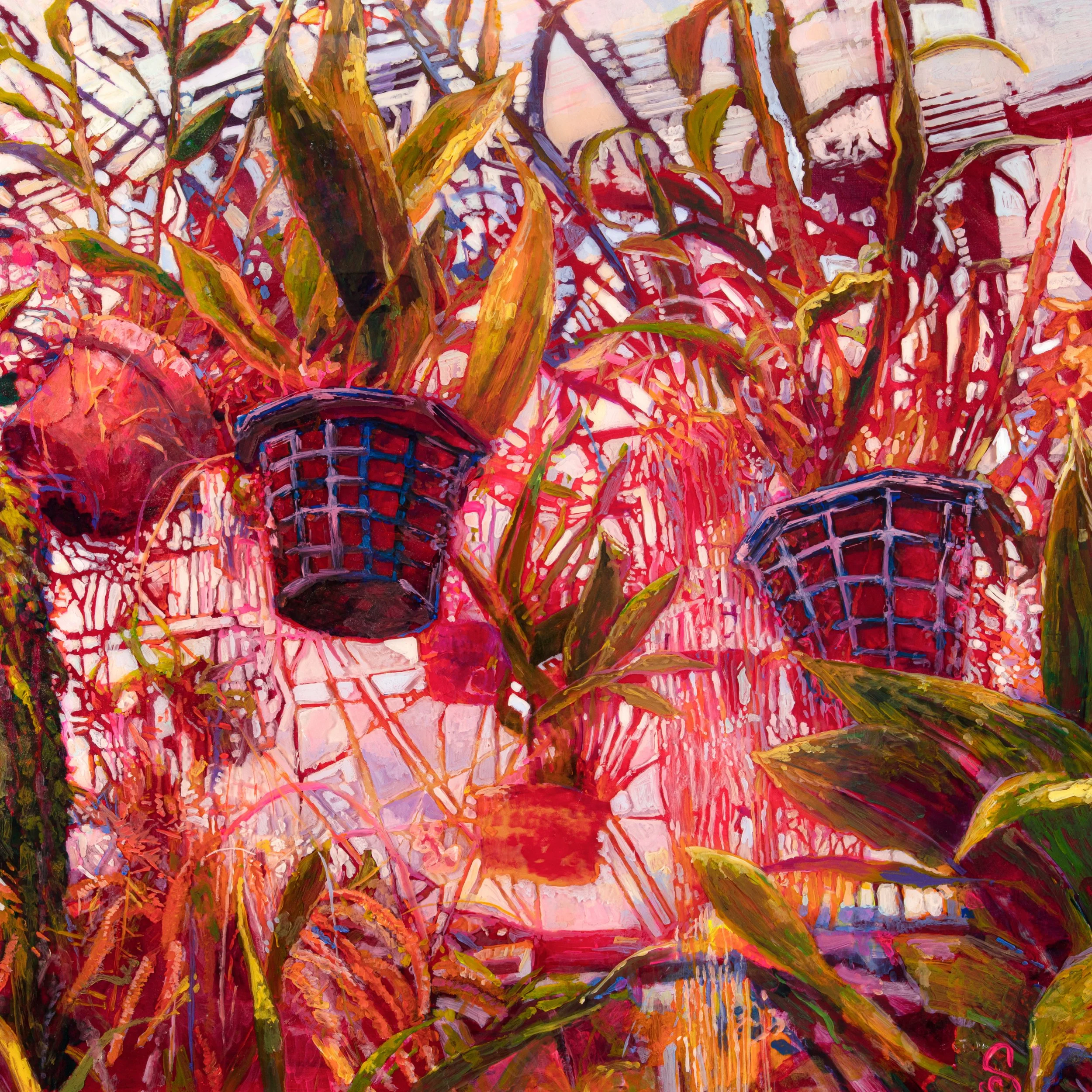 Colorful painting of two  baskets holding orchid plants surrounded by green and yellow leaves and plants in a greenhouse 