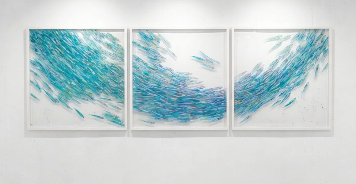 3 Framed Panels of shimmering shoals painted on clear lucite. Measures 36" x 36"