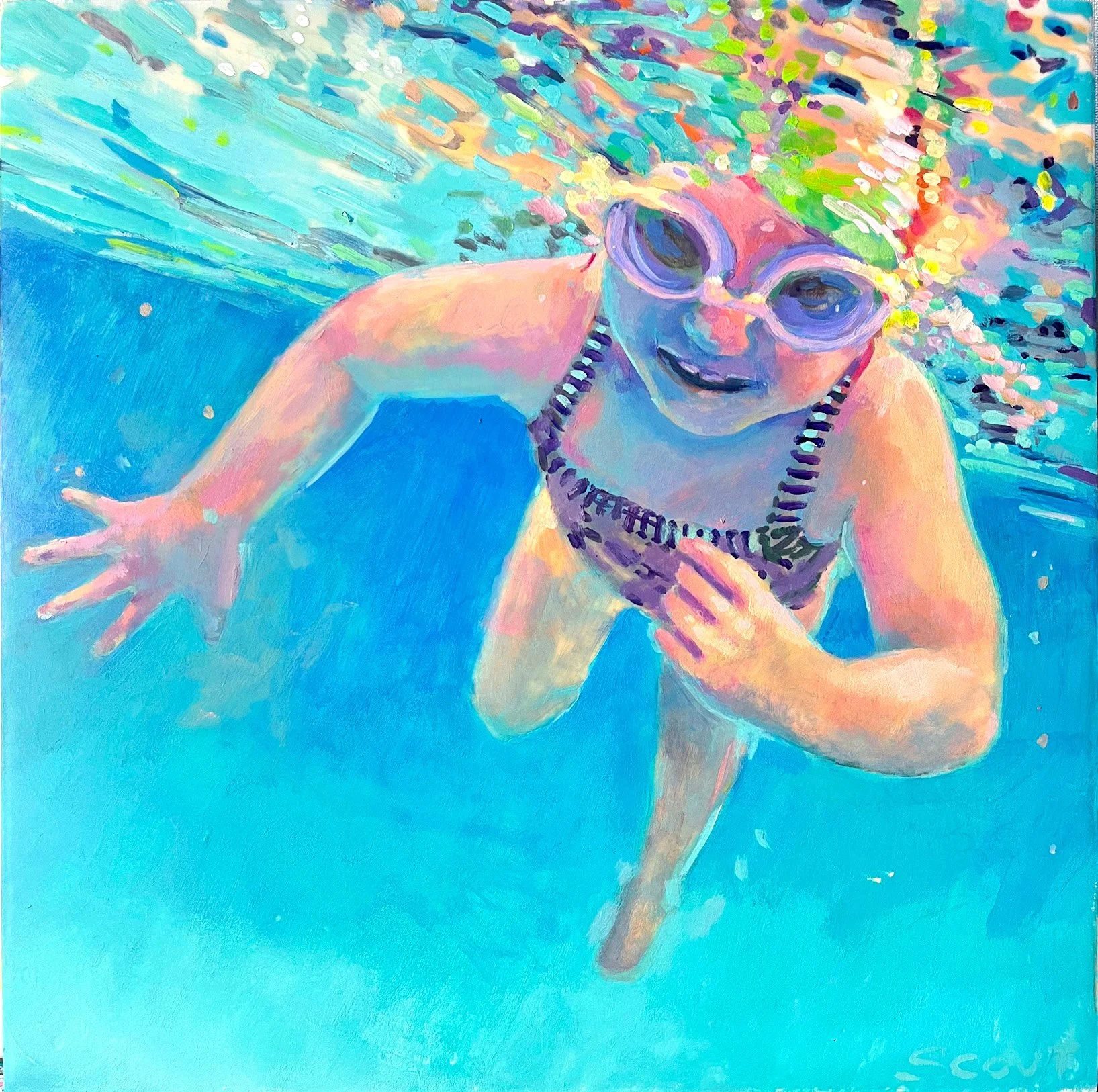 Colorful painting of a smiling woman swimming underwater, wearing a striped swimsuit, large sunglasses, and a necklace, with vibrant reflections on the water surface above her.