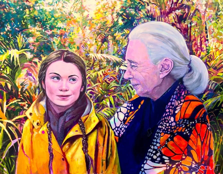 These portraits were created in 2020 for Woodstar Cafe, located in Northampton, MA. 

In Passing Care for Our World, I’ve envisioned a symbolic meeting between two champions of our planet: Greta Thunberg and Jane Goodall. Set against a lush, green ba