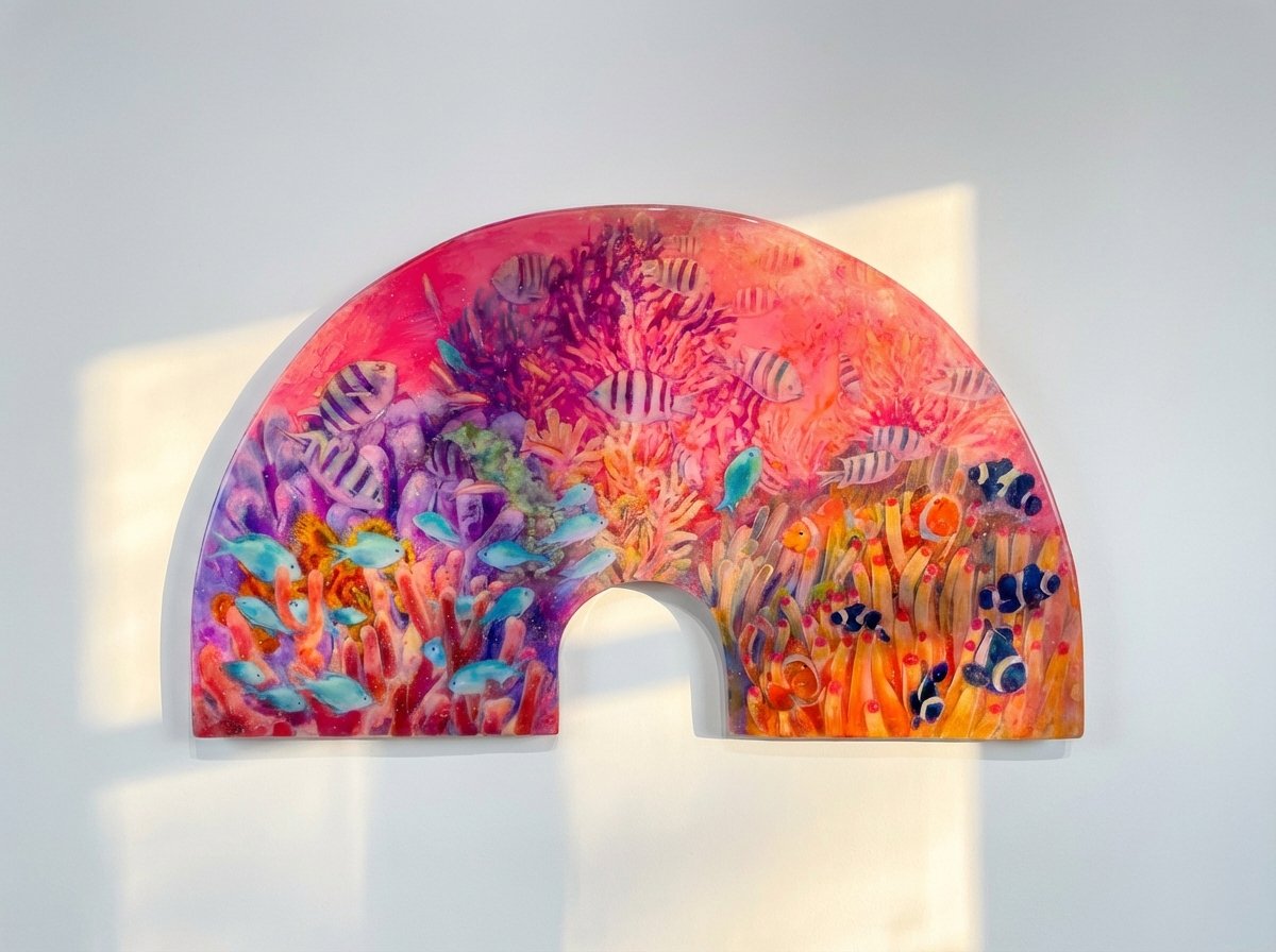 Colorful glass art piece resembling an underwater coral reef scene with various fish and coral formations.