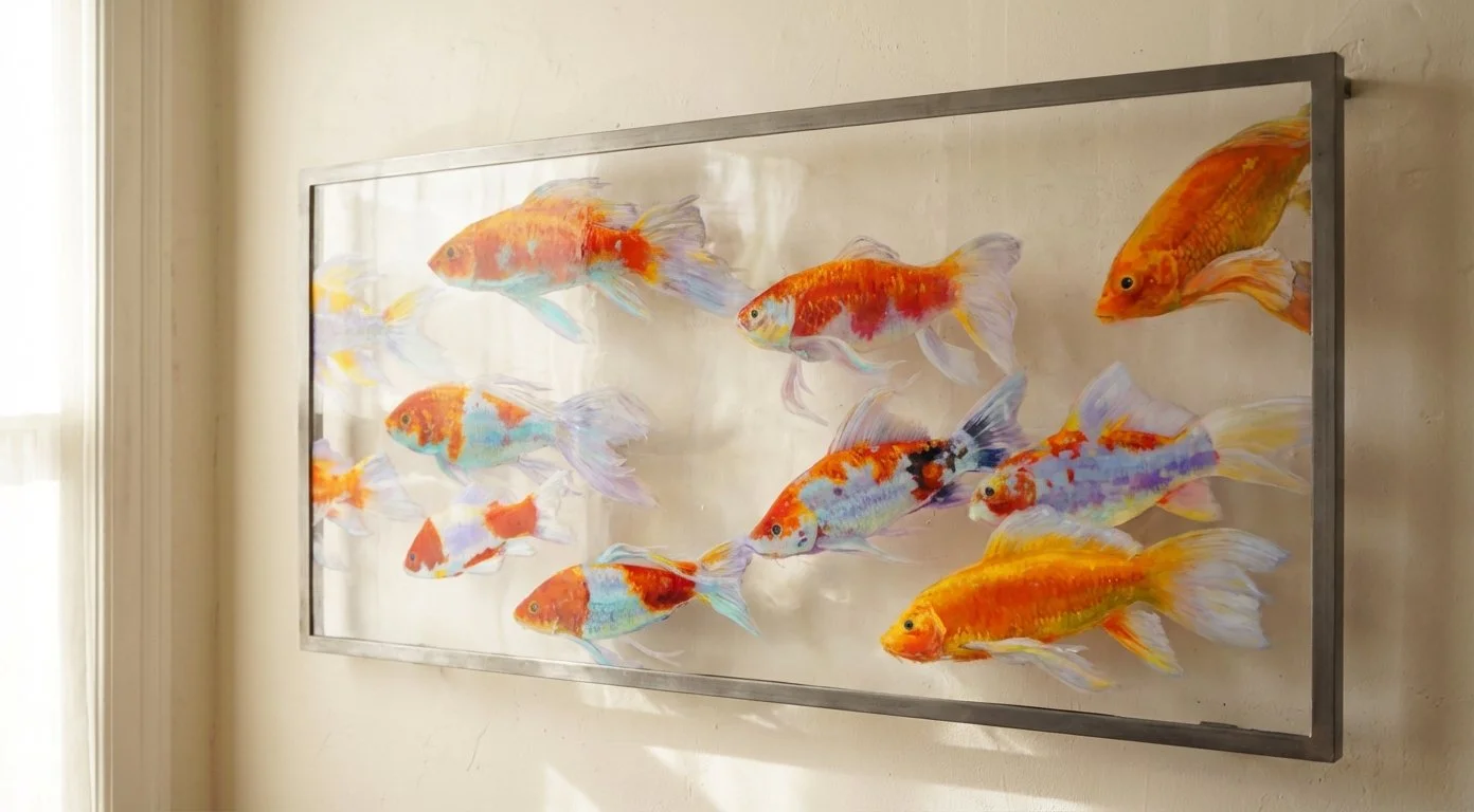 Colorful Koi fish swimming on clear lucite canvas mounted on a beige wall.