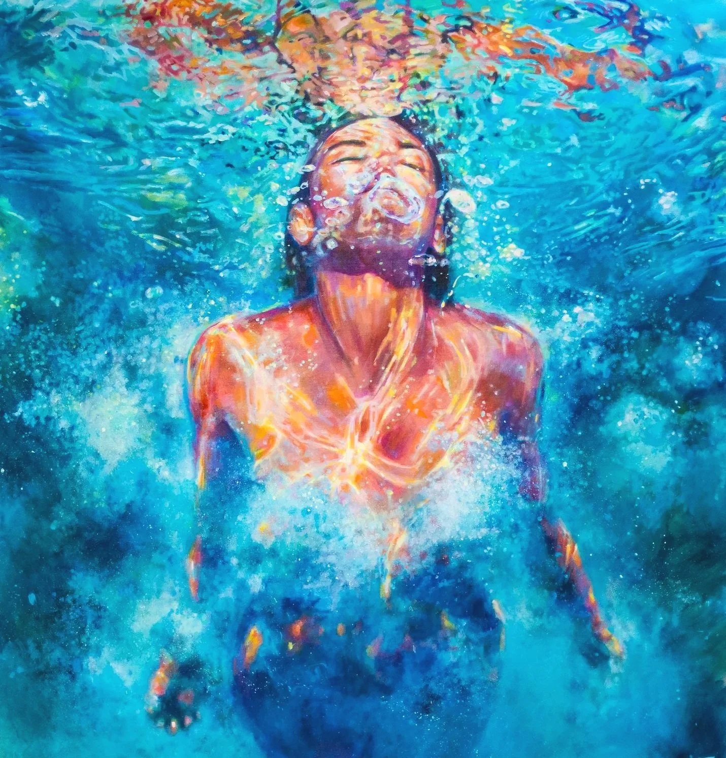 Swimmer of turquoise waters rises to the surface