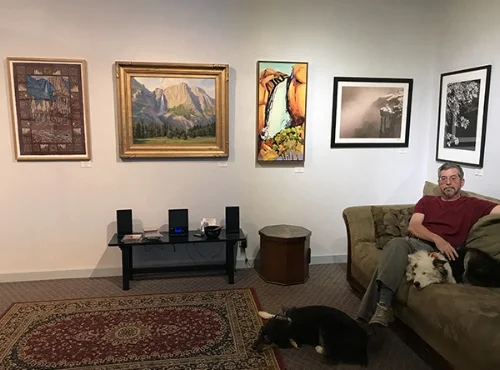 YR Director Jon Bock, Sheila Gallery Dog, and Juno Care Bear Dog at Gallery 5