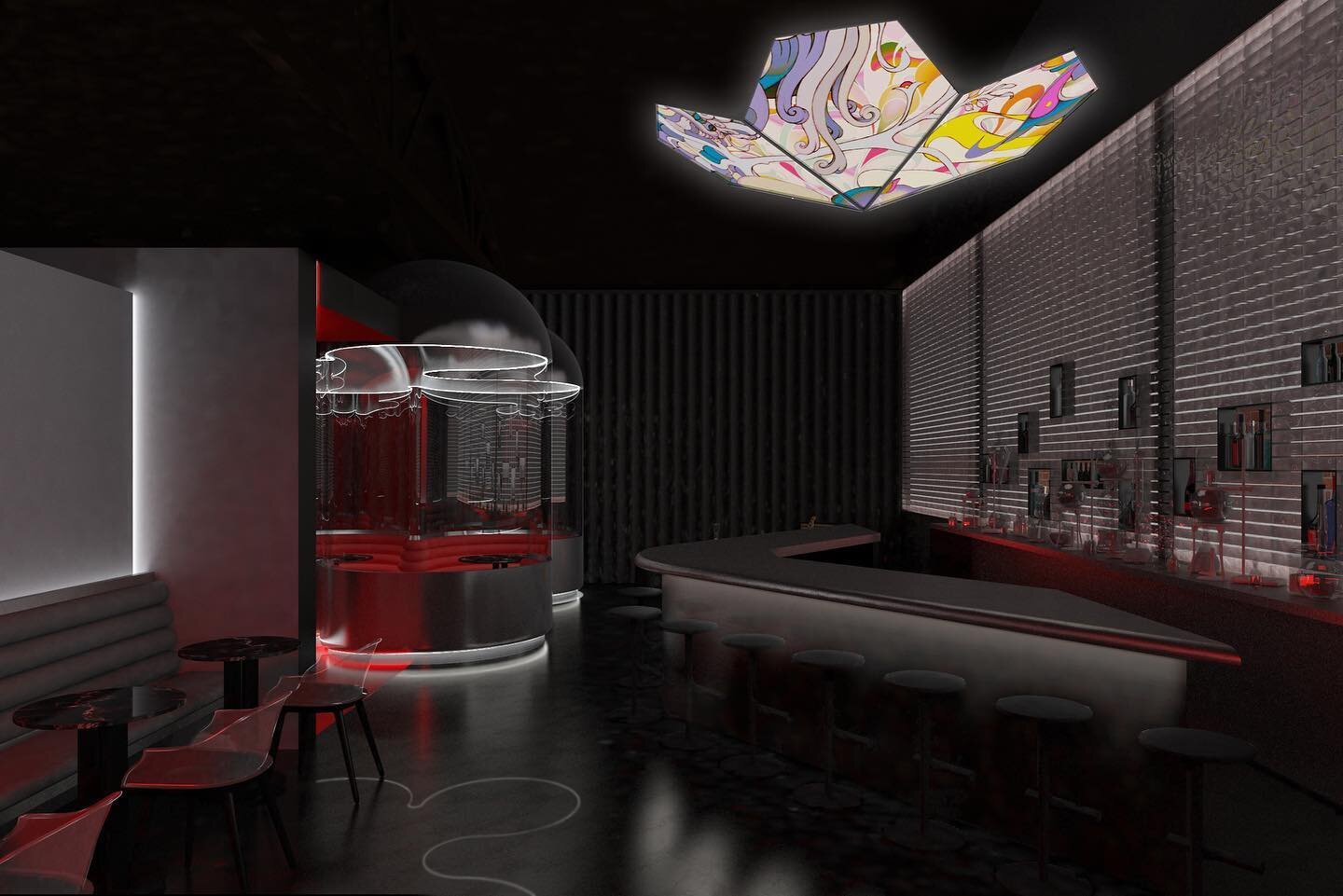 Finally. You&rsquo;ve come to the private areas, comprised of the glass, test tube styled booths and carbon fiber bar. We were inspired by a mad scientist&rsquo;s lab, and something you&rsquo;d see at a NASA test facility. 
.
.
.
#speakeasy #design #