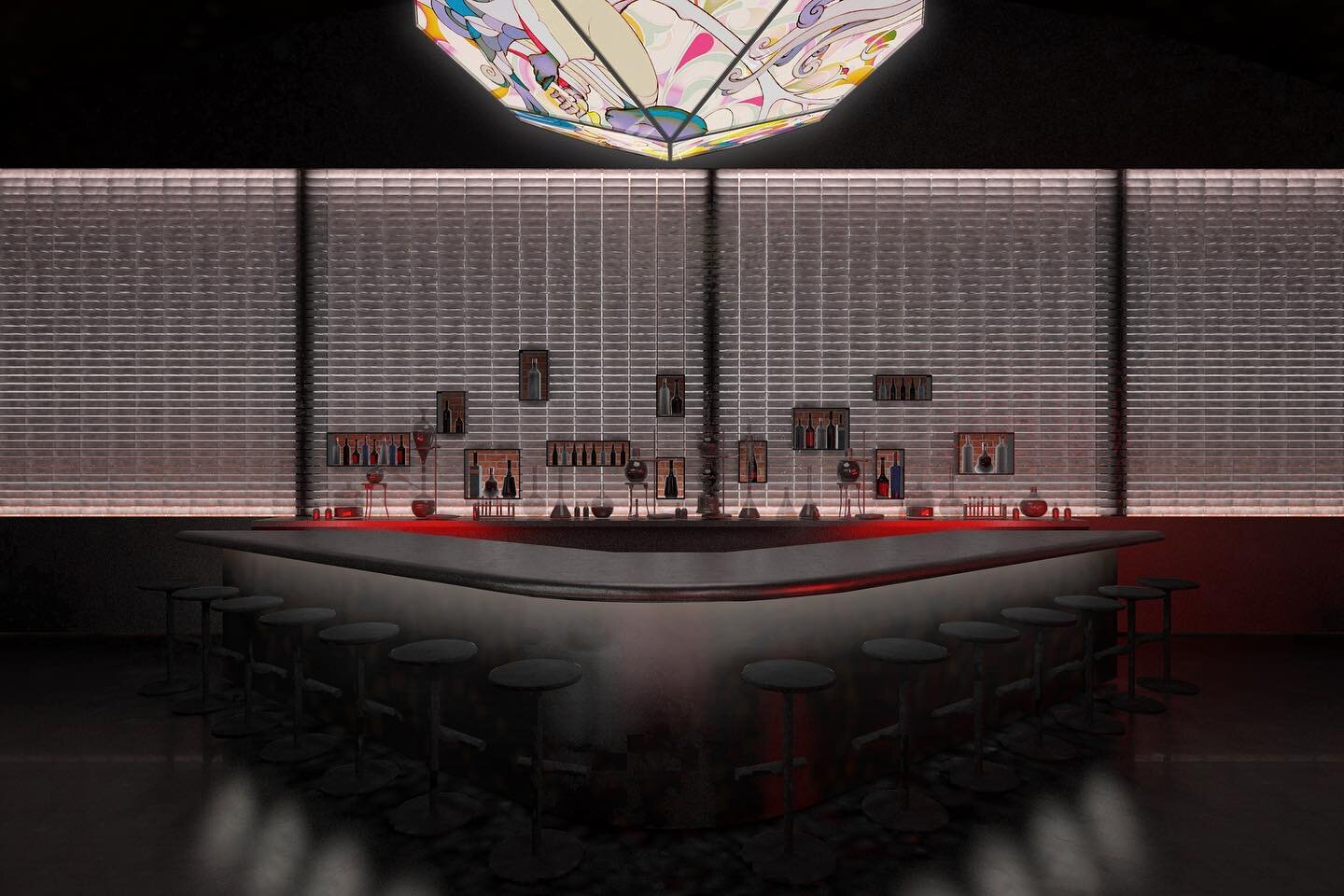 At the end of the terrazzo bridge, you&rsquo;re met with the carbon fiber bar. The back bar wall is designed to mimic ice cubes, with crystal cubes stacked up tall and inlaid shelving to display spirits. Up above is a reverse backlit art installation