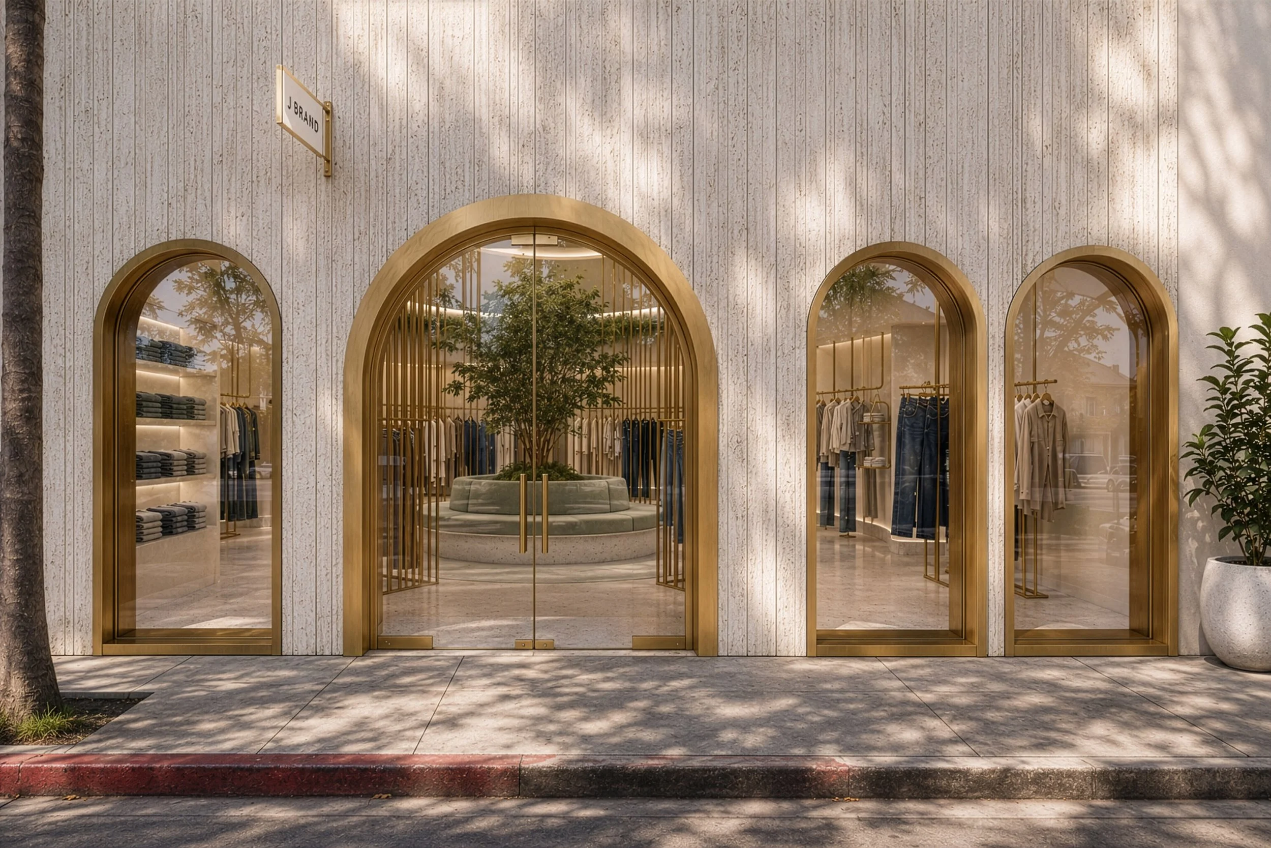 Flagship boutique for @jbrandjeans. From the street, the storefront reads as a quiet rhythm of arches carved into a fluted travertine fa&ccedil;ade &mdash; one tall central portal flanked by two smaller arched vitrines, each framed in solid brushed b