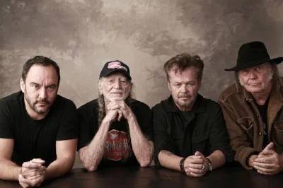 Caption - L-R Dave Matthews, Willie Nelson, John Mellencamp, Neil Young. Credit Marc Hauser