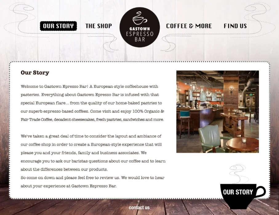 Gastown Espresso Bar website - 'our story' page
