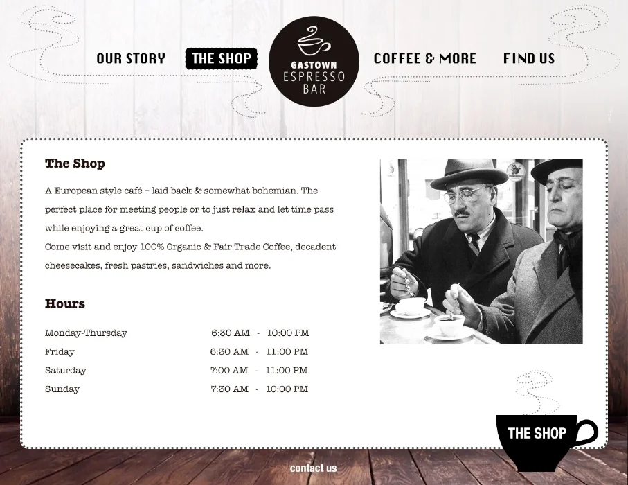 Gastown Espresso Bar website - 'the shop' page
