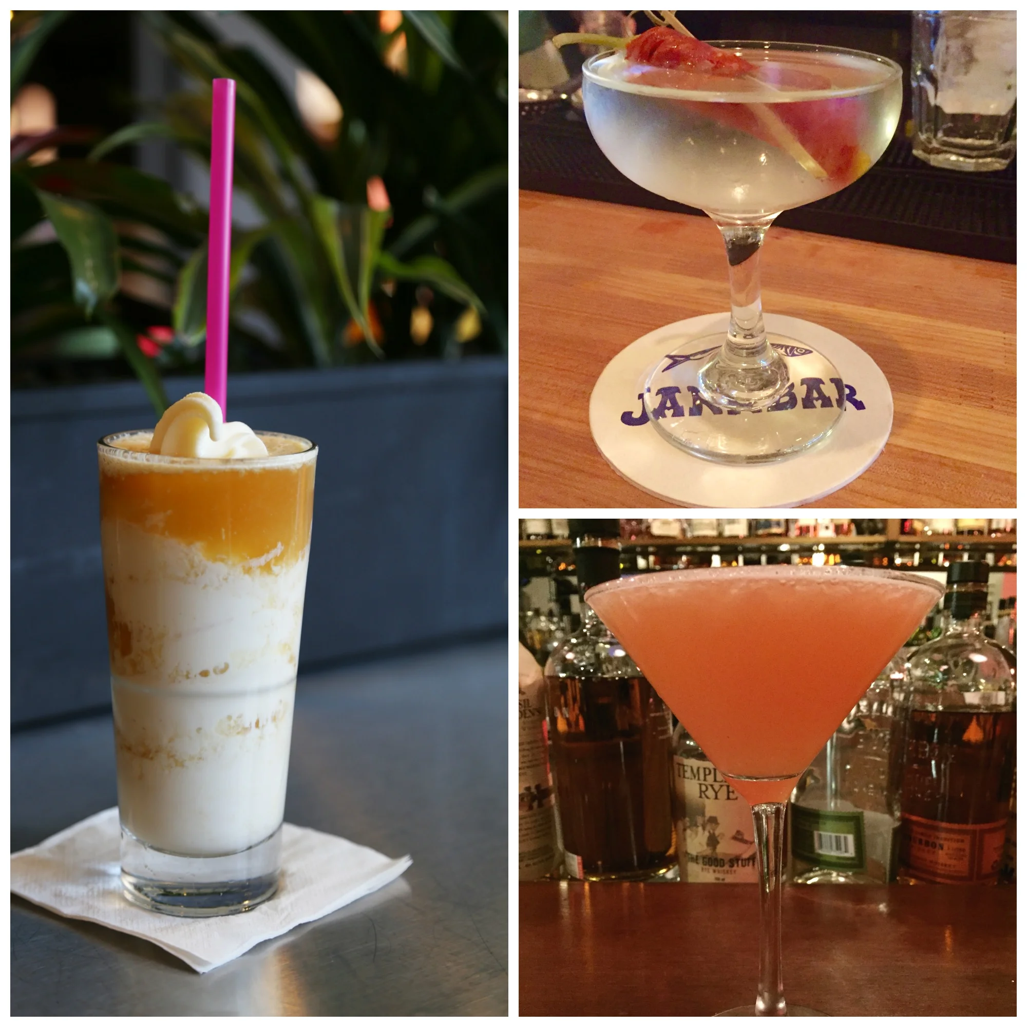 Left: Rachel's Ginger Beer Boozey Float, Top Right: Jarr Bar El Cochino, Bottom Right: Place Pigalle La Salle