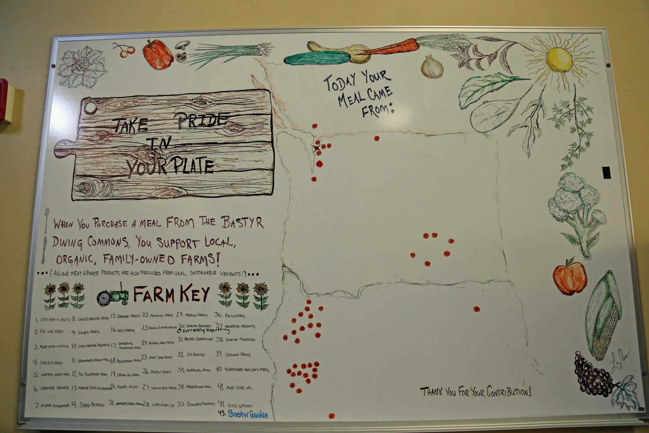 A bulletin board in the cafeteria tells you what farms supplied your food.