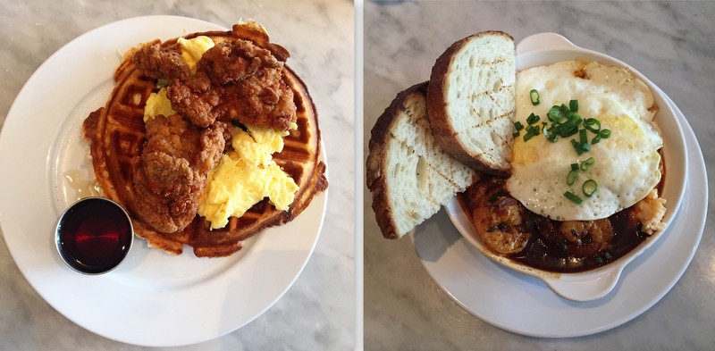 Chicken and waffles/Shrimp and grits at Restaurant Roux