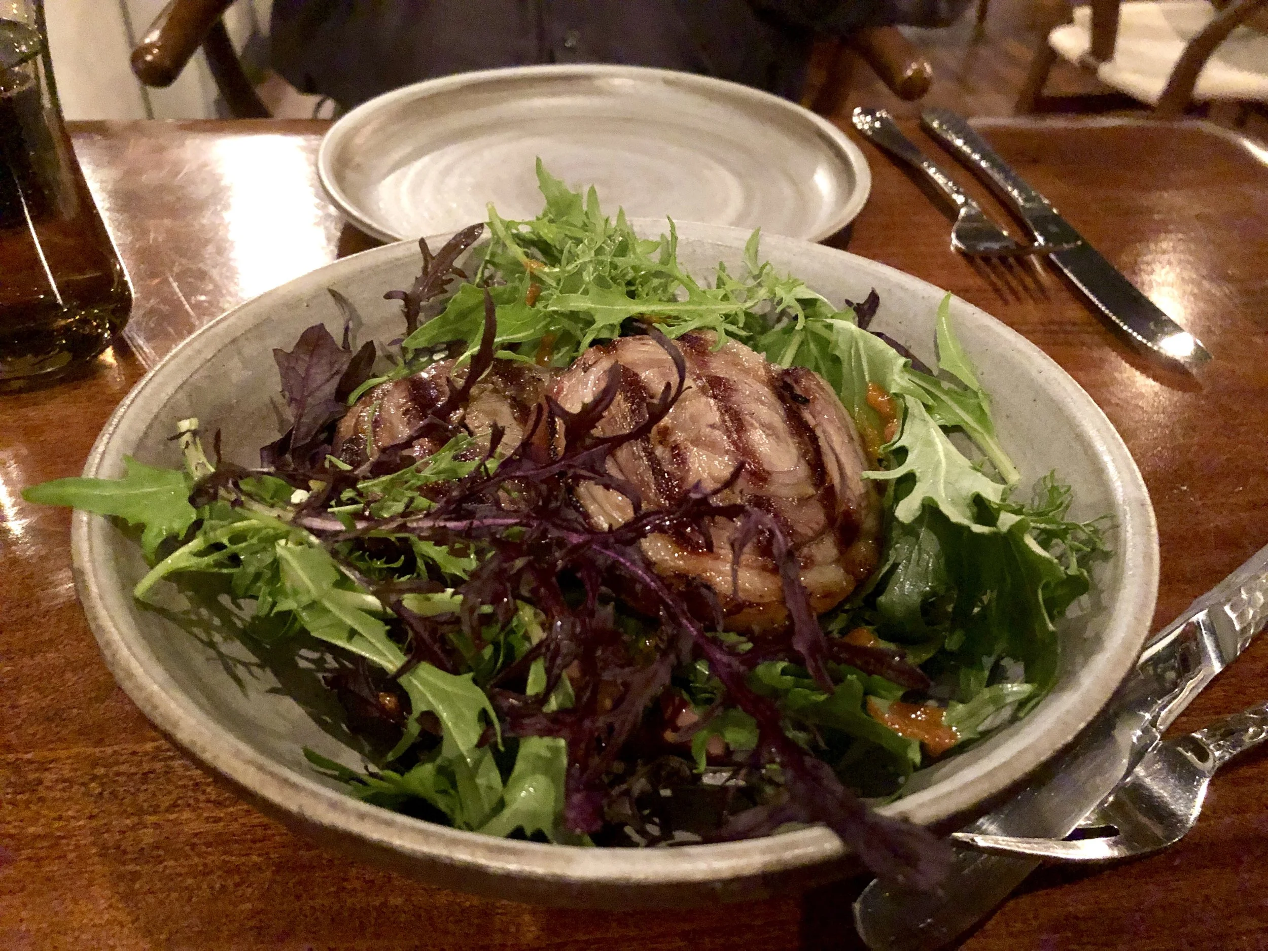 Lamb leg, roasted koji, daikon &amp; mustard greens at Ursa Minor