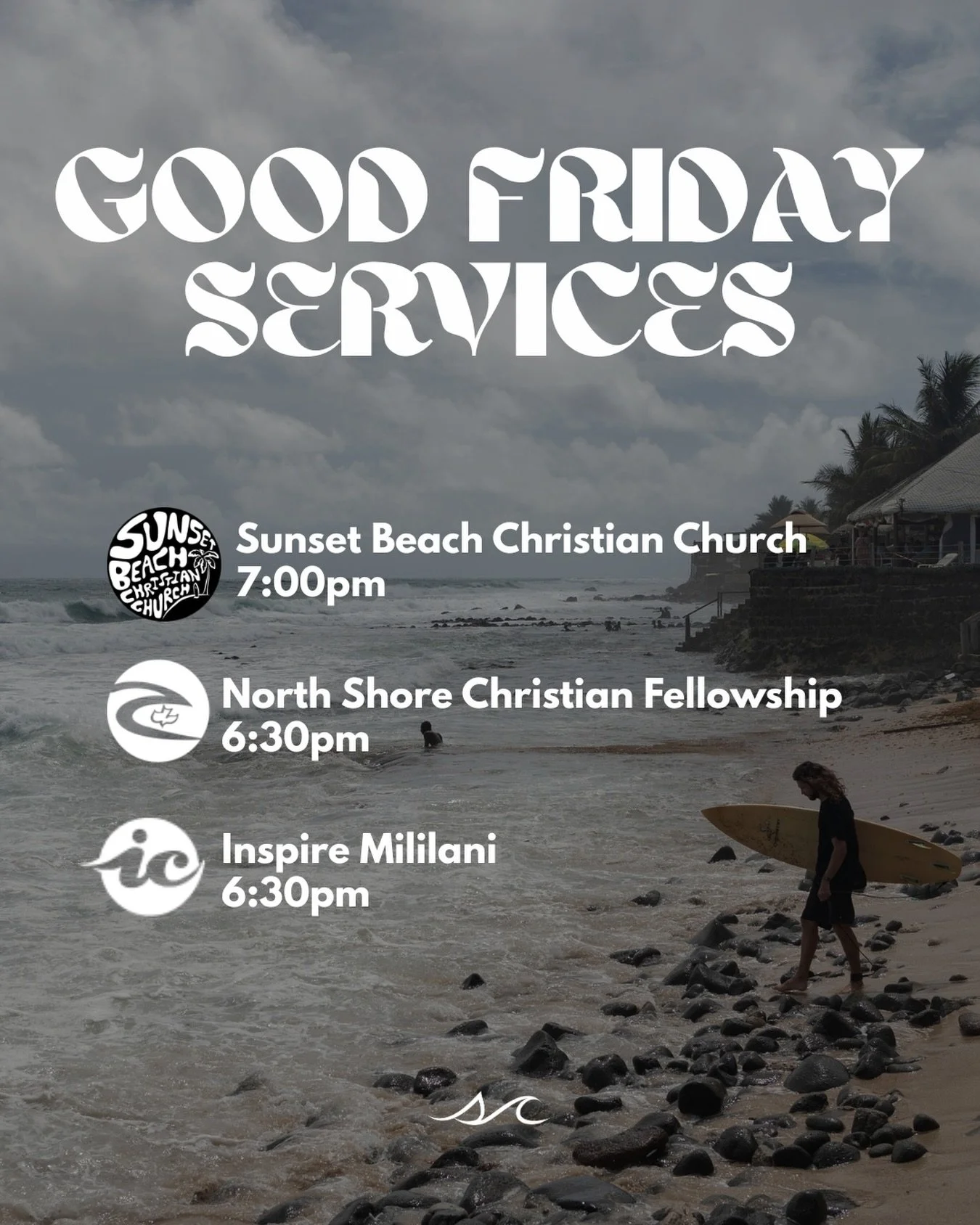 Looking for a Good Friday service to attend?
Check out some of our friends that are holding services!

We will be having an Easter celebration on Saturday night at 7:15, with Chilli Dinner before church at 6:30

Surfers Church | 54 Ohai St. Wahiawa, 