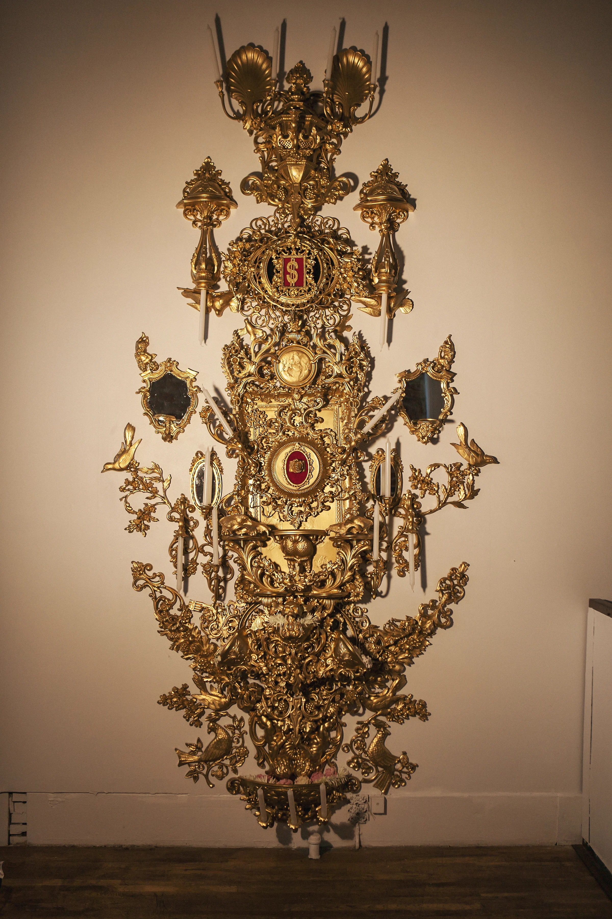"The Symbolic Collisions of a Tragicomic Character Worth His Weight In Gold" Mixed Media Installation 10ft 10" x 5ft 5"