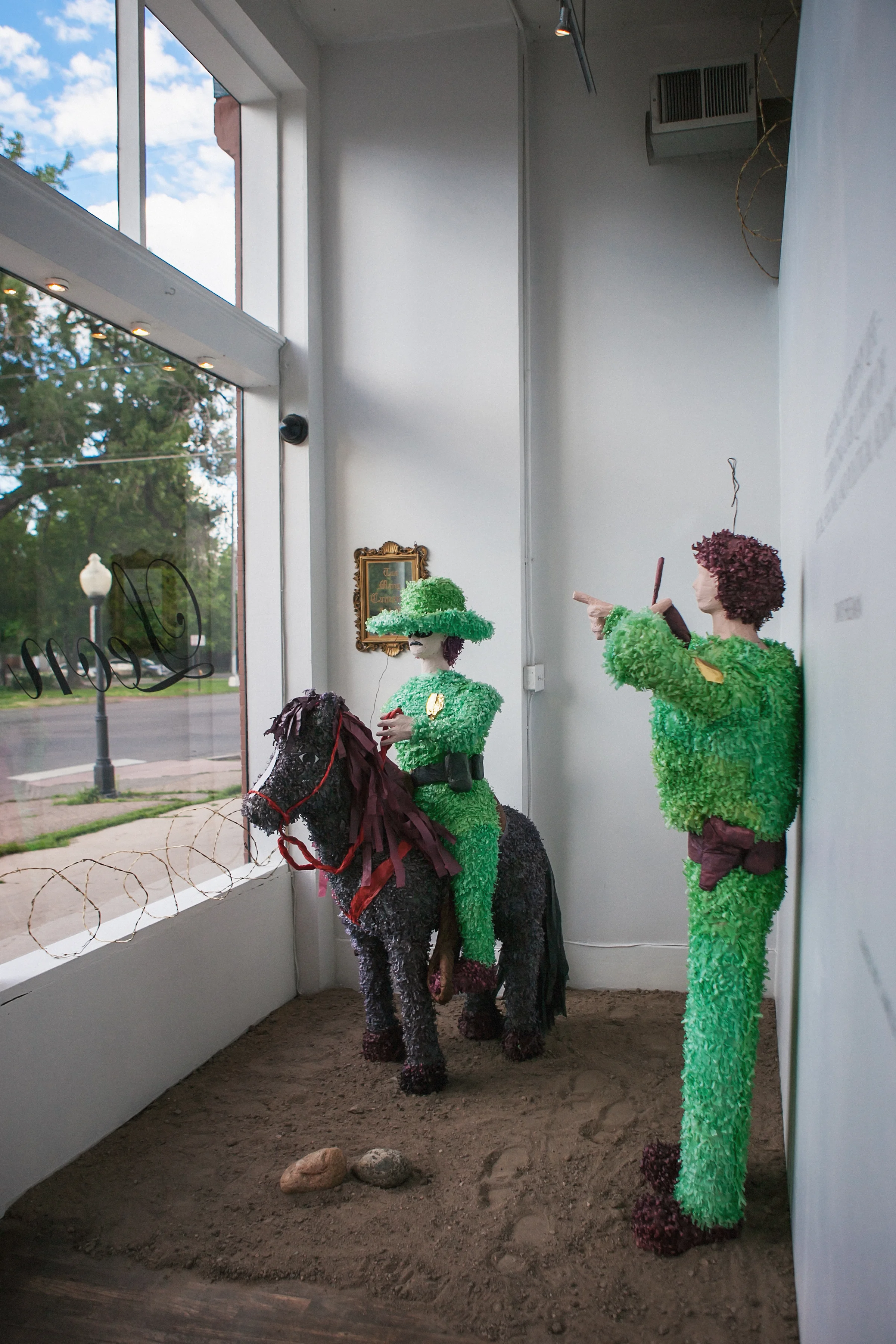 "Western American Posse for the People. A phenomenal Order of Historical yet Dissimilar Expressions of Artistic and Social Considerations." Patrol Guard Piñatas 73" x 22" (Guards) 71" x 50" x 22" (Mounted Guard) 2016