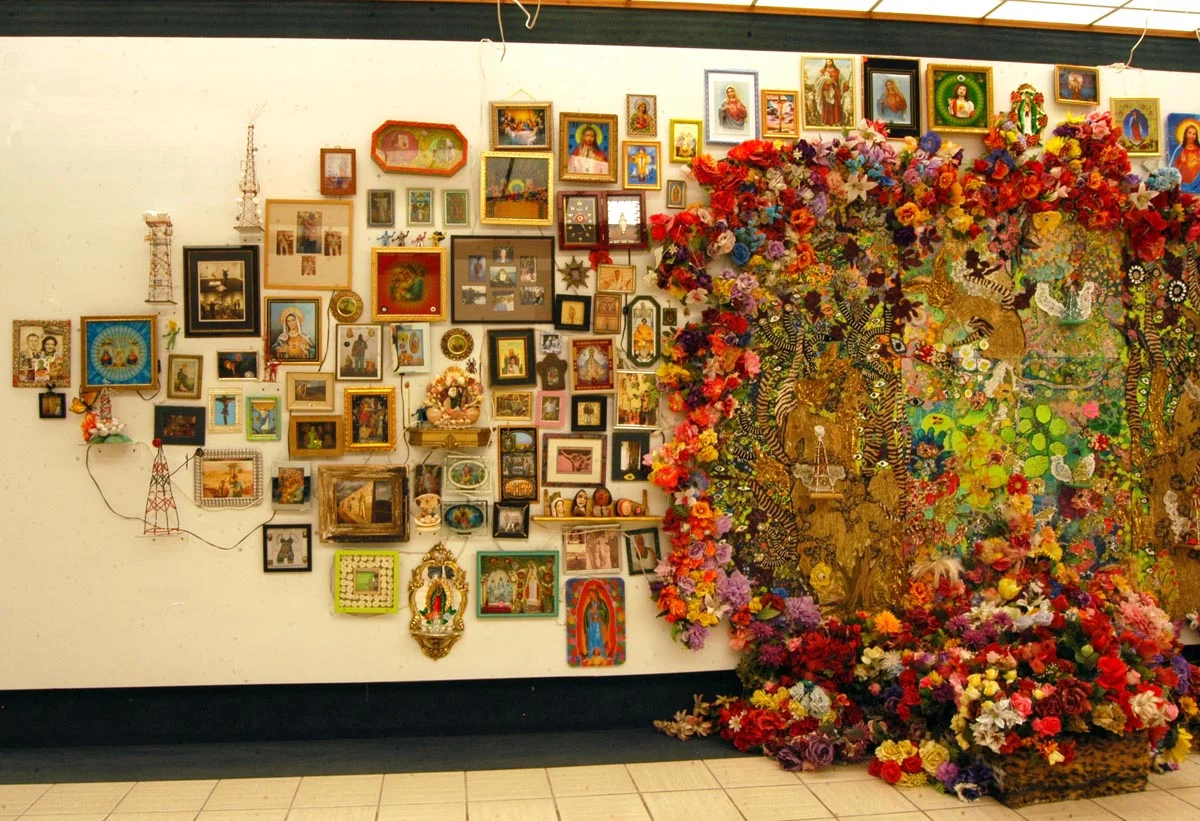 "The Wall" left side Mixed media, Recycled flowers from graveyards in Mexico Variable dimension