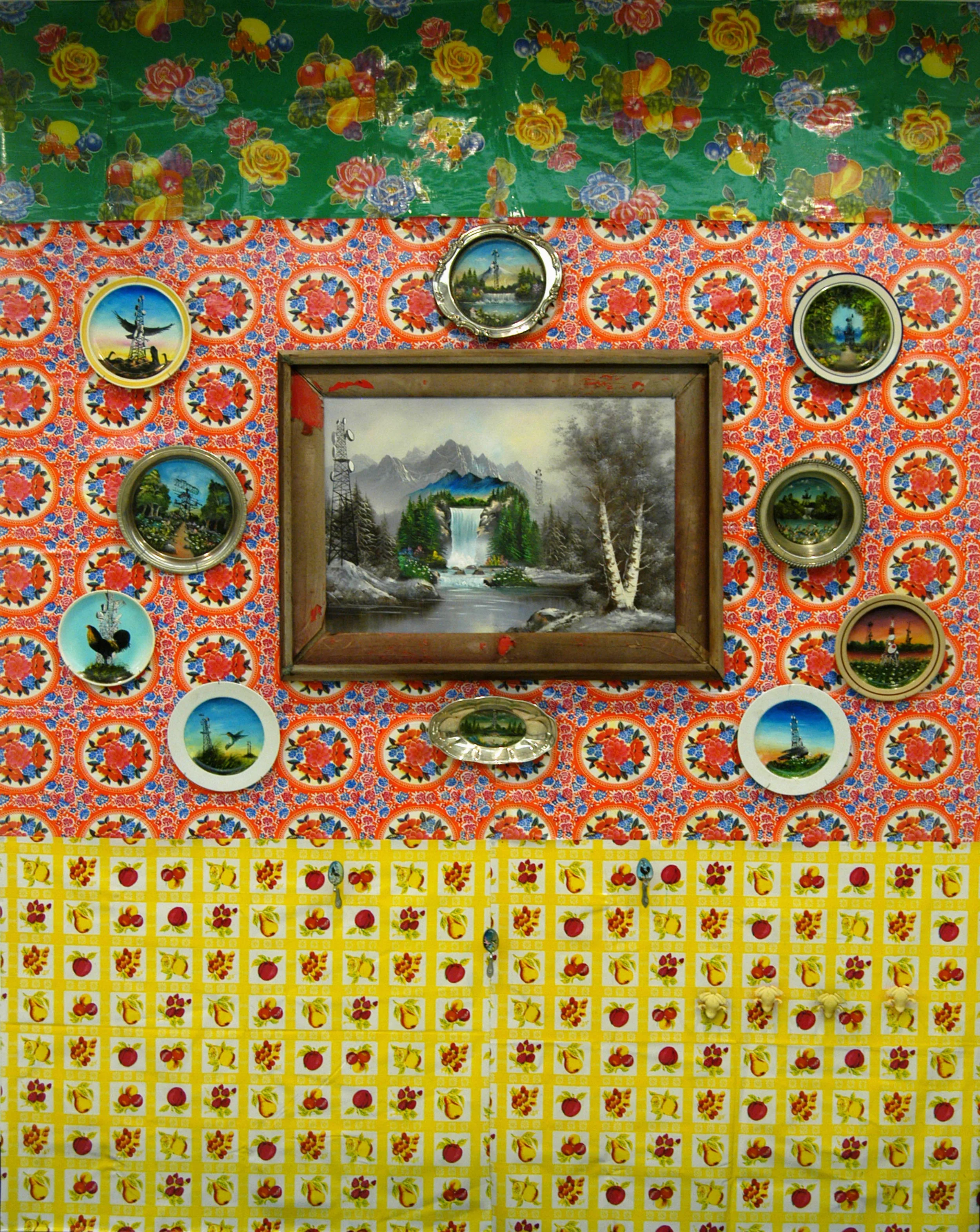 "Tablecloth and Plates Wall" Mixed media Variable dimension