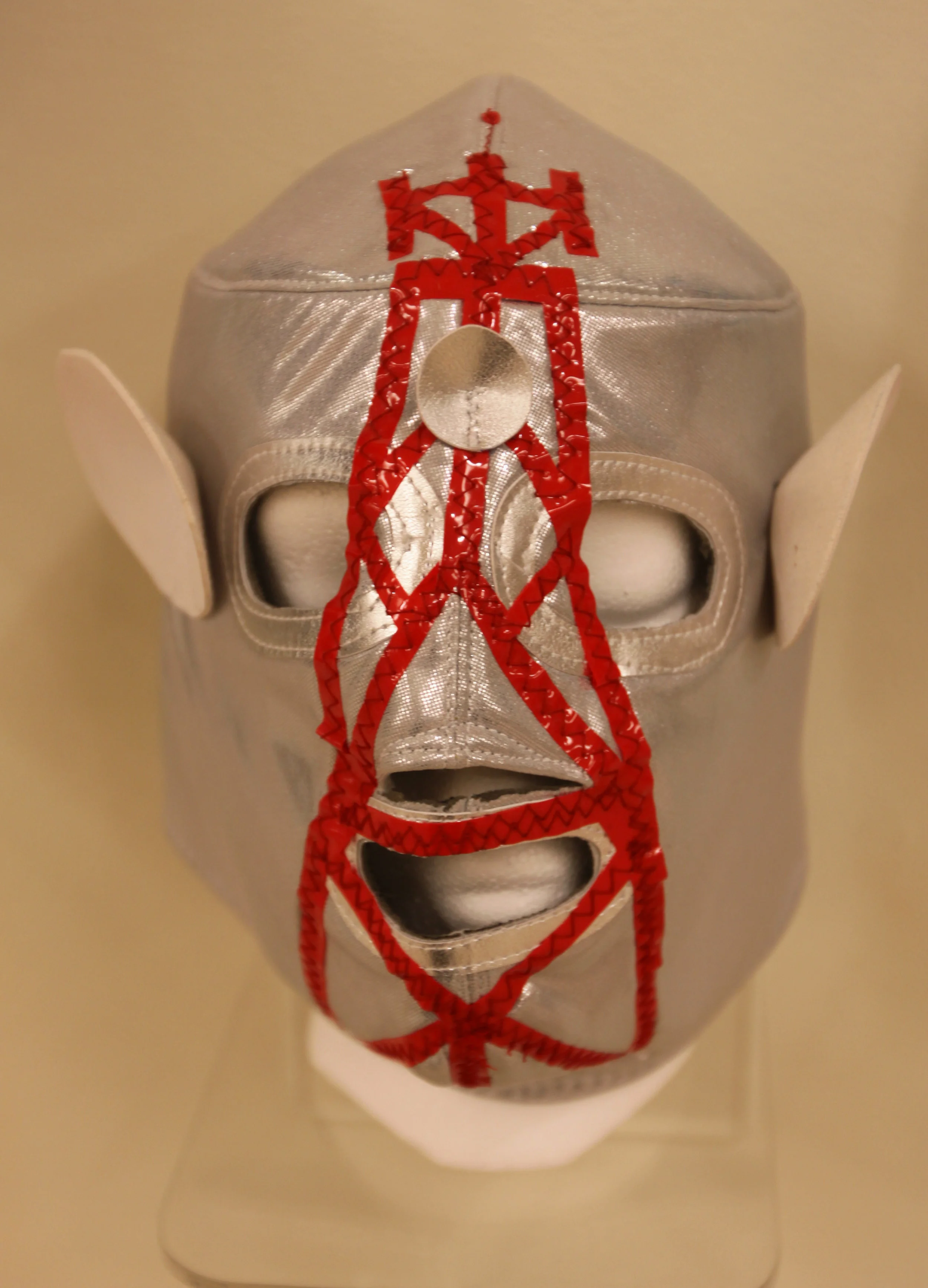 "Silver Red Satellite Mask" Mixed media 