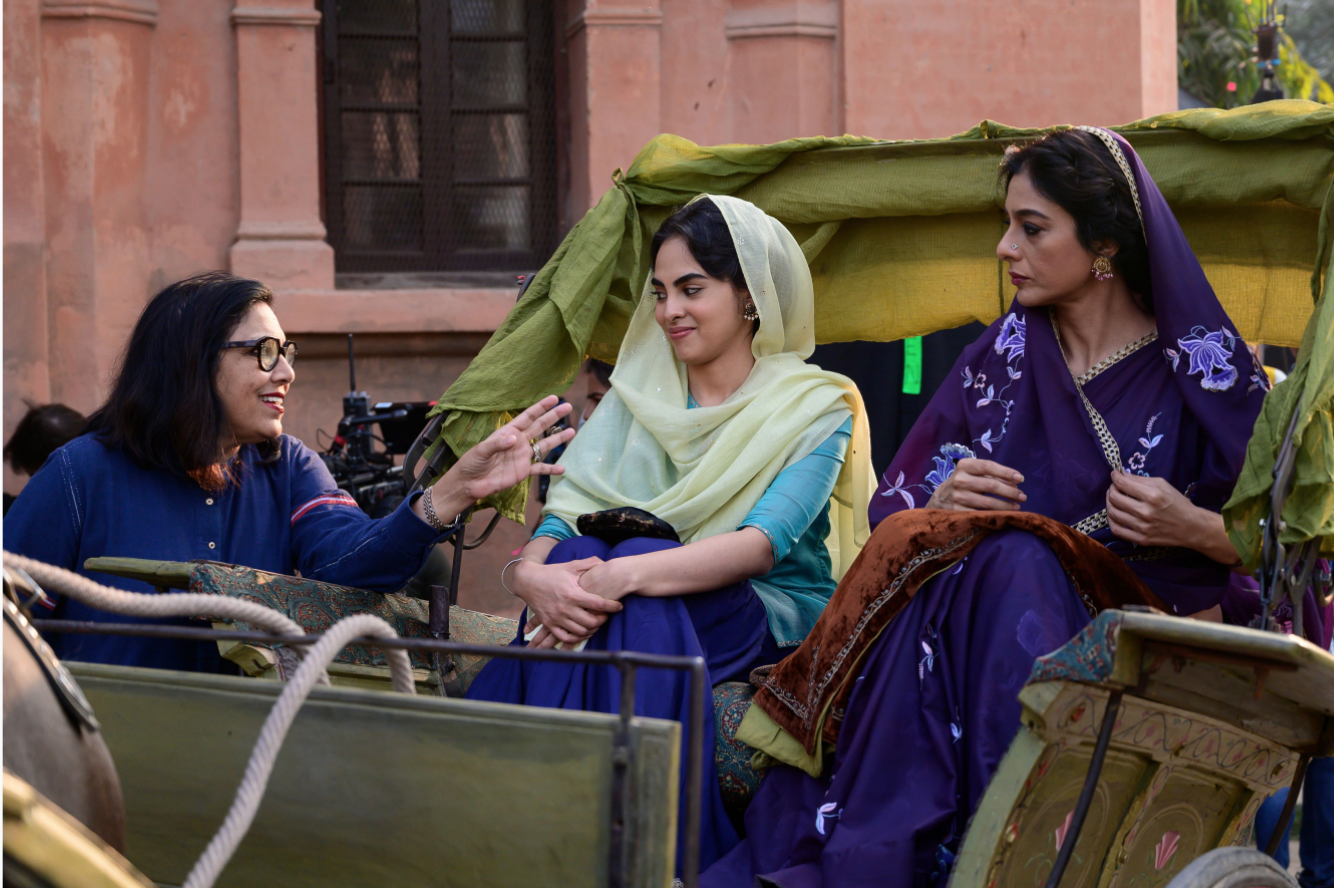 Mira Nair with Lata Mehra (portrayed by Tanya Maniktala) and Saeeda Bai (portrayed by Tabu). Photo: Taha Ahmad, Courtesy: BBC/Lookout Point.