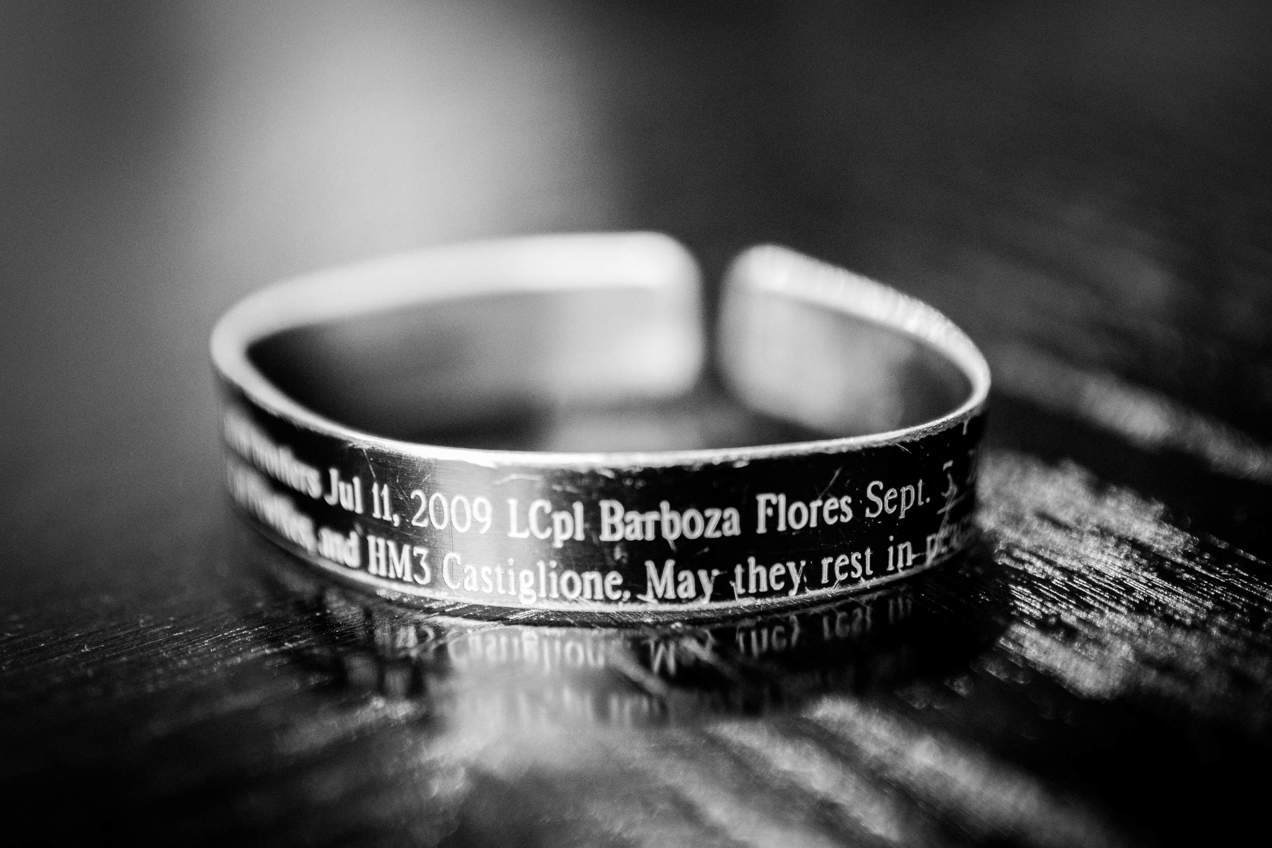 Josh keeps this on his right wrist in honor of LCPL Barbosa Flores, who lost his life during combat operations in Helmland Province 
