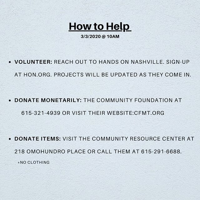 As you have probably heard or seen, Nashville and surrounding cities, all the way to Cookeville, were hit by a powerful tornado last night. Here are some ways you can help or find help if you need immediate housing and shelter! #prayfornashville #nas