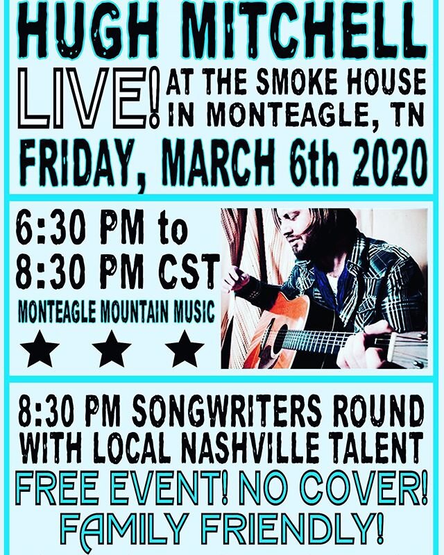 Tomorrow night, March 6, in #monteagle #tennessee. I&rsquo;ll be playing through my catalogue from 6:30-8:30 at #jimoliverssmokehouse. Playing almost all original music for two hours. @davepahanish is playing the following evening as well. Gonna be a