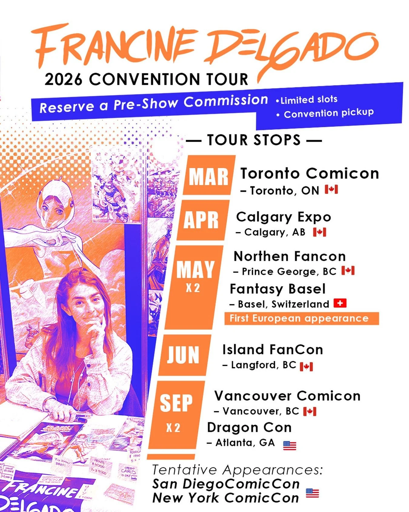 Excited to announce my first European appearance at Fantasy Basel! 🇨🇭

I&rsquo;ll also be appearing at Toronto Comicon, Calgary Expo, Northern FanCon, Island FanCon, Vancouver Comicon, and Dragon Con.

Pre-show commissions are now open, with limite